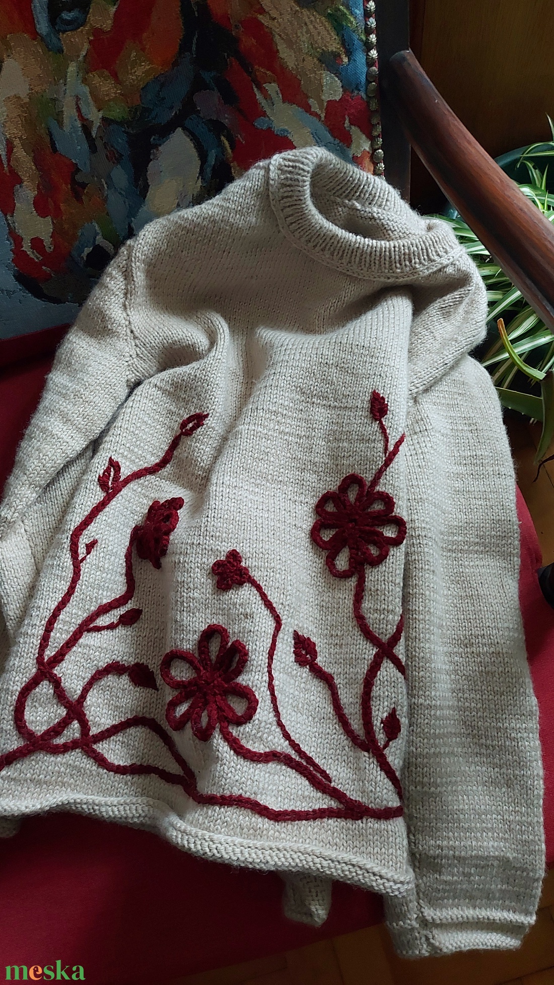 Kézzel kötött alpaka pulóver kézi hímzéssel. Nagy méretek L-XL - ruha & divat - női ruha - pulóver - Meska.hu