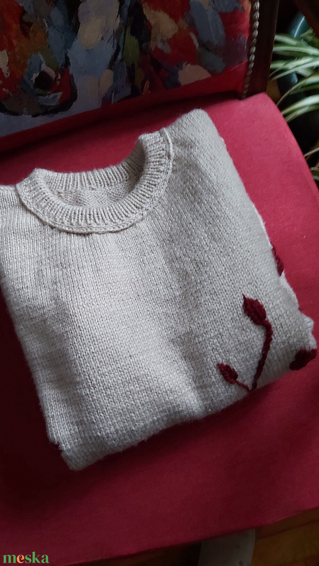 Kézzel kötött alpaka pulóver kézi hímzéssel. Nagy méretek L-XL - ruha & divat - női ruha - pulóver - Meska.hu