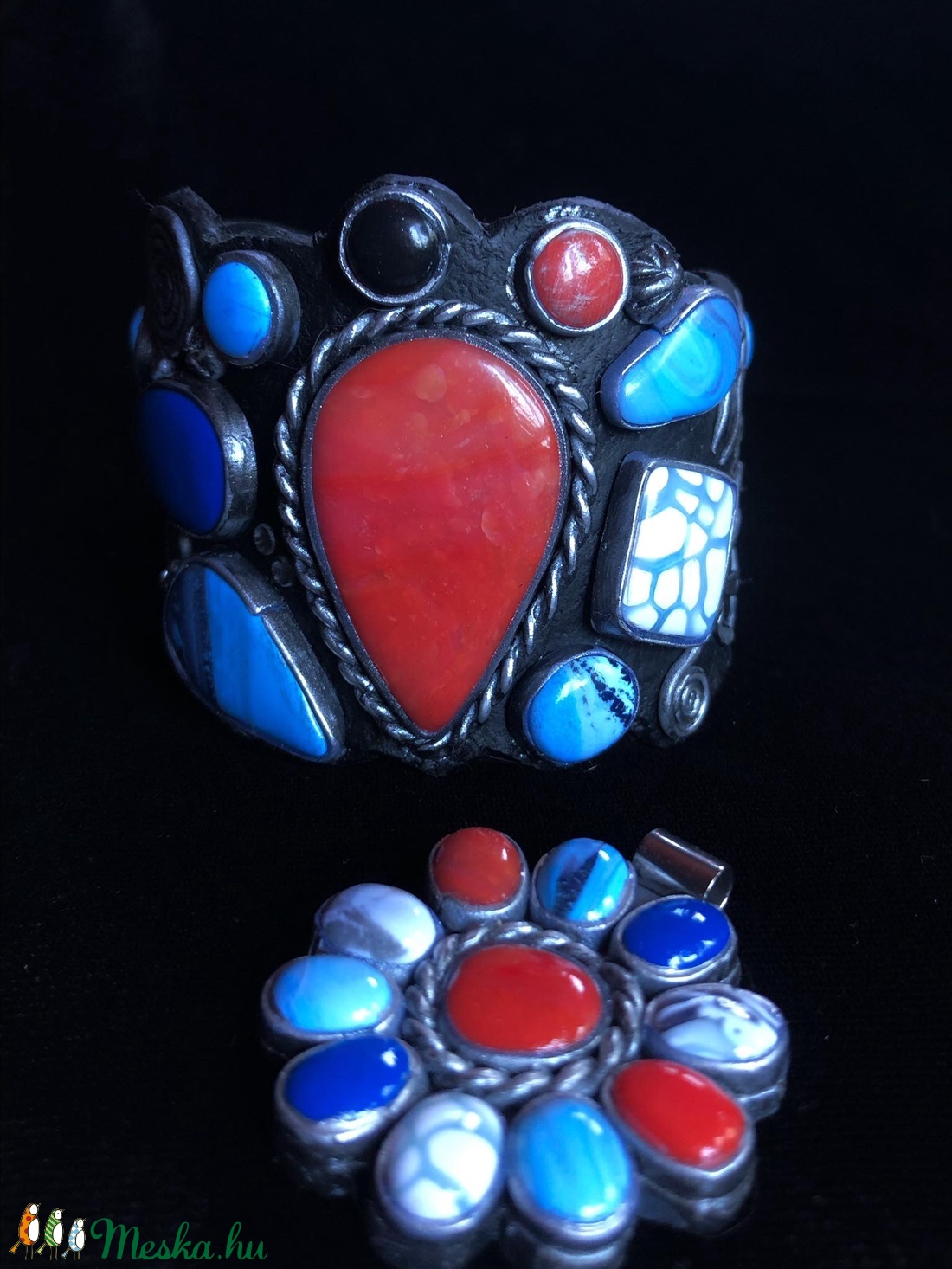 Navajo karkötő tarka kövekkel - ékszer - karkötő - széles karkötő - Meska.hu
