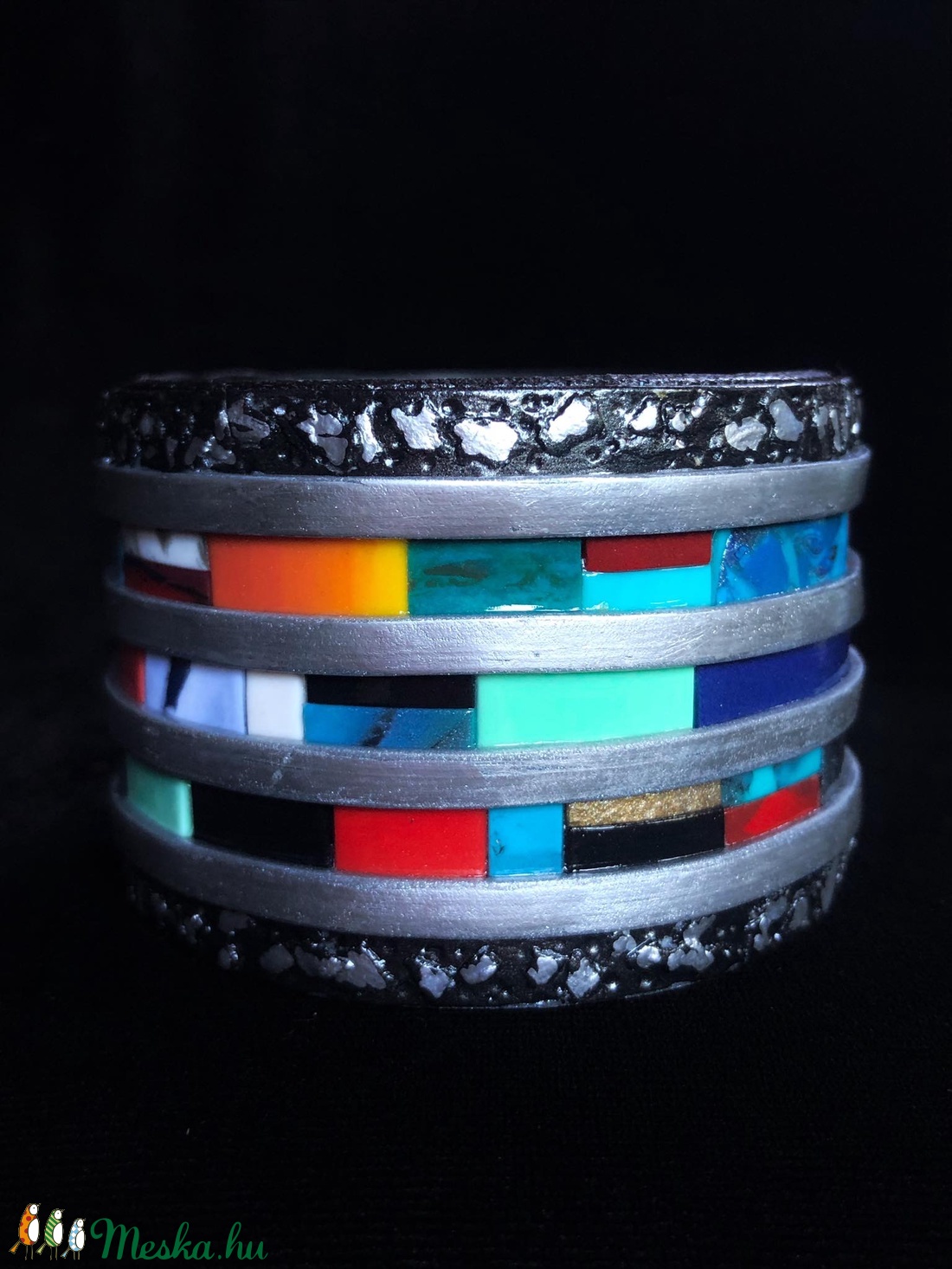 Ezüstpántos mozaik karkötő - ékszer - karkötő - széles karkötő - Meska.hu