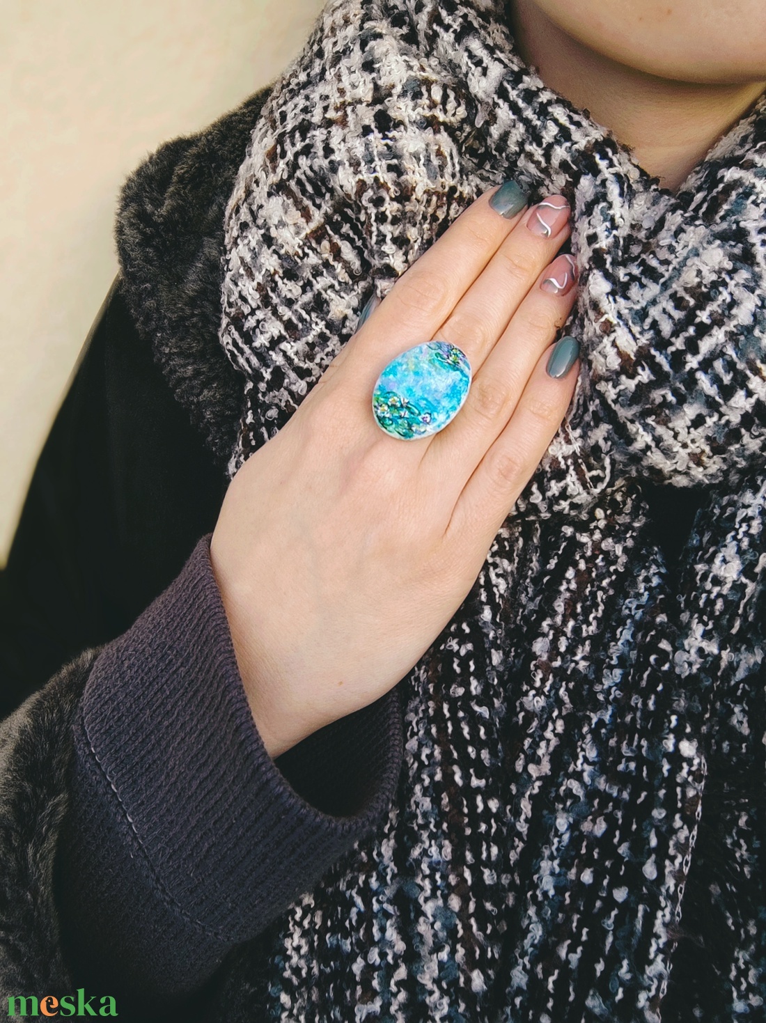 kézzel festett vízililiomos kavics  Monet inspirálta gyűrű - ékszer - gyűrű - szoliter gyűrű - Meska.hu kézzel festett vízililiomos kavics  Monet inspirálta gyűrű - ékszer - gyűrű - szoliter gyűrű - Meska.hu