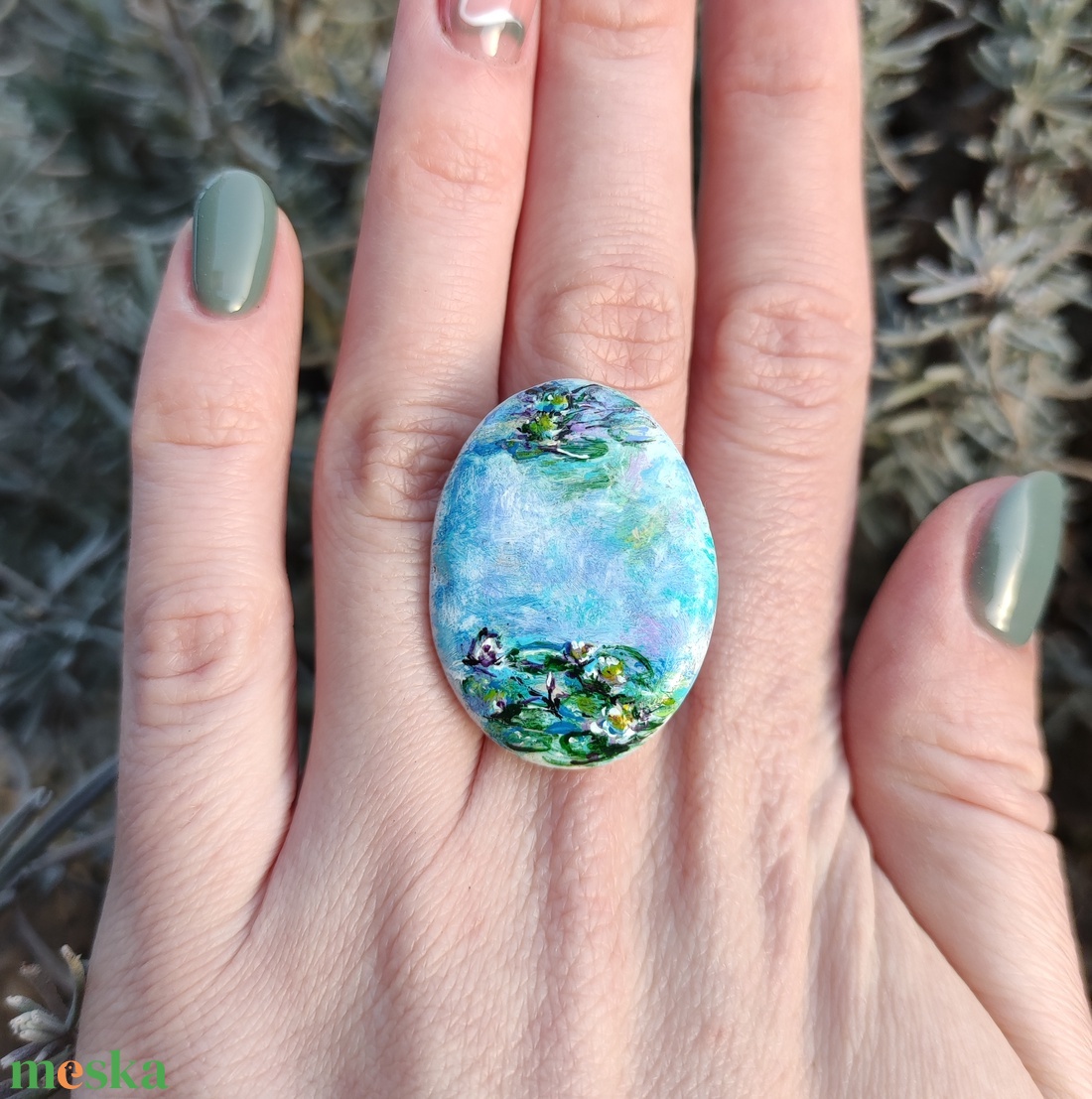 kézzel festett vízililiomos kavics  Monet inspirálta gyűrű - ékszer - gyűrű - szoliter gyűrű - Meska.hu kézzel festett vízililiomos kavics  Monet inspirálta gyűrű - ékszer - gyűrű - szoliter gyűrű - Meska.hu