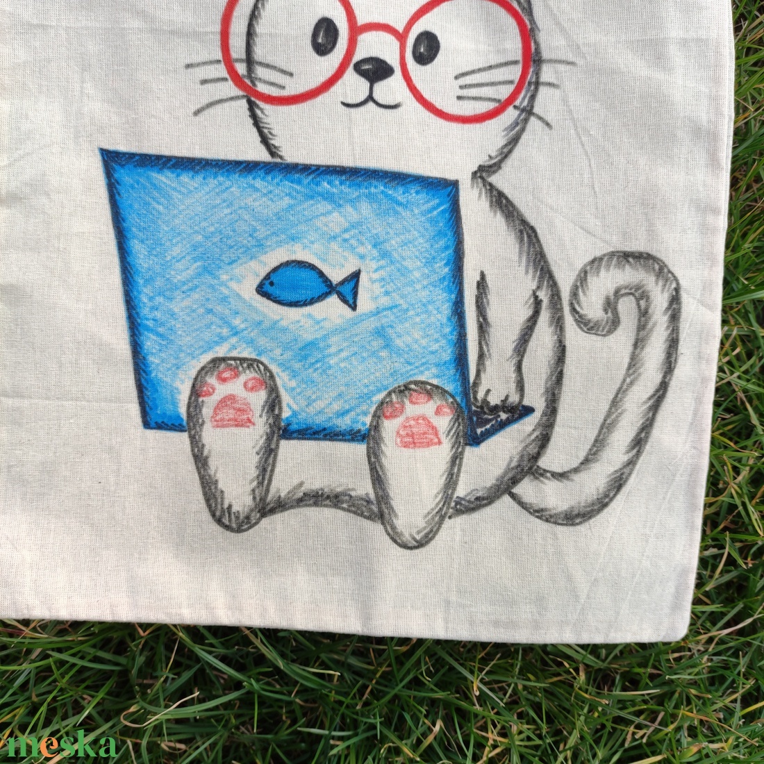 home office cica  kézzel rajzolt natúr vászontáska - táska & tok - bevásárlás & shopper táska - shopper, textiltáska, szatyor - Meska.hu