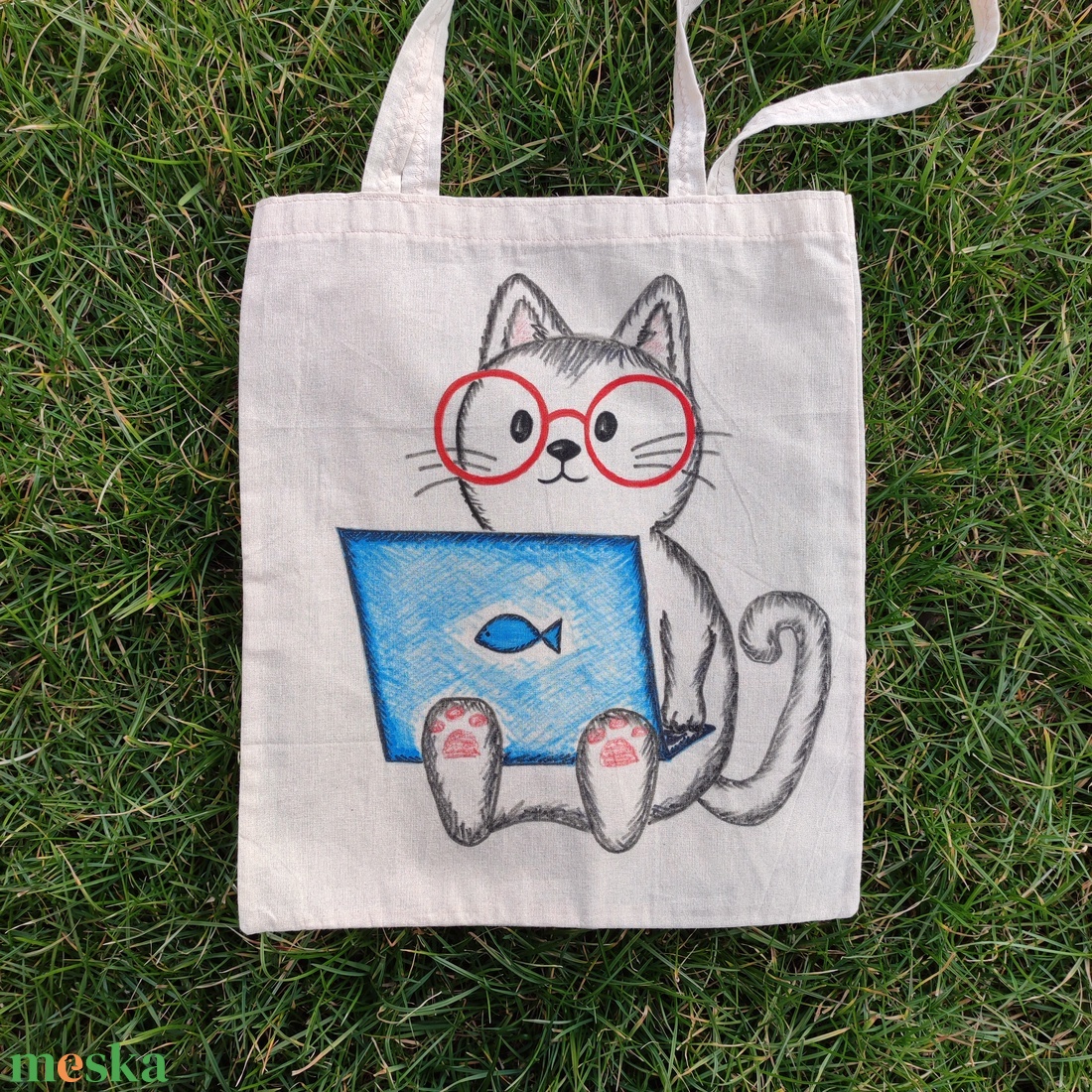 home office cica  kézzel rajzolt natúr vászontáska - táska & tok - bevásárlás & shopper táska - shopper, textiltáska, szatyor - Meska.hu