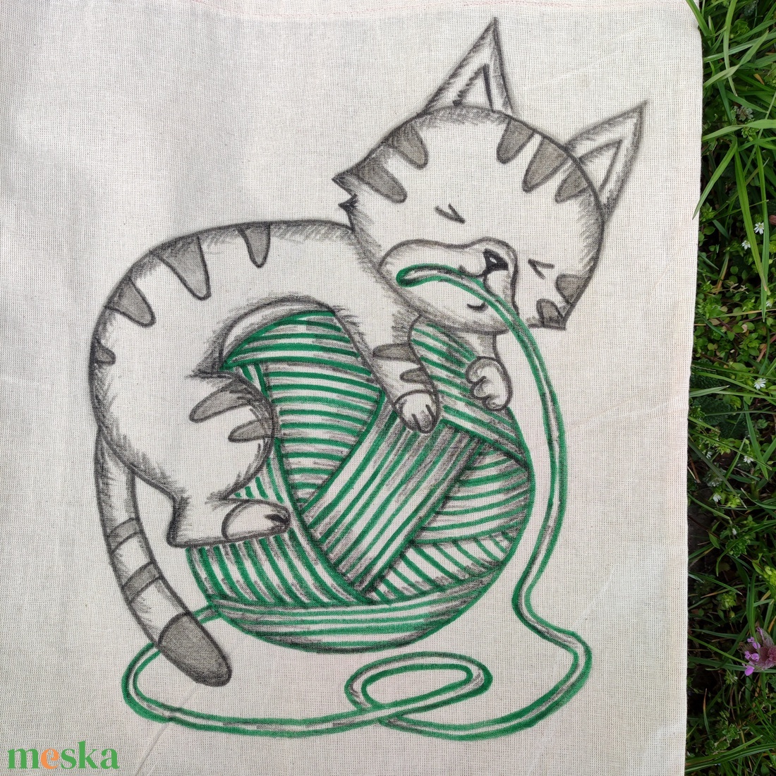 gombolyag cica, kézzel rajzolt natúr vászontáska - táska & tok - bevásárlás & shopper táska - shopper, textiltáska, szatyor - Meska.hu