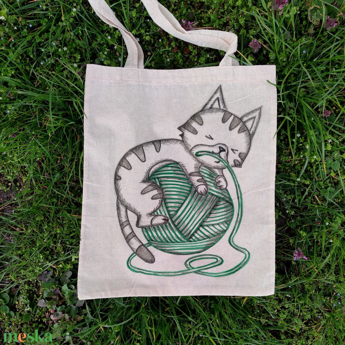 gombolyag cica, kézzel rajzolt natúr vászontáska - táska & tok - bevásárlás & shopper táska - shopper, textiltáska, szatyor - Meska.hu