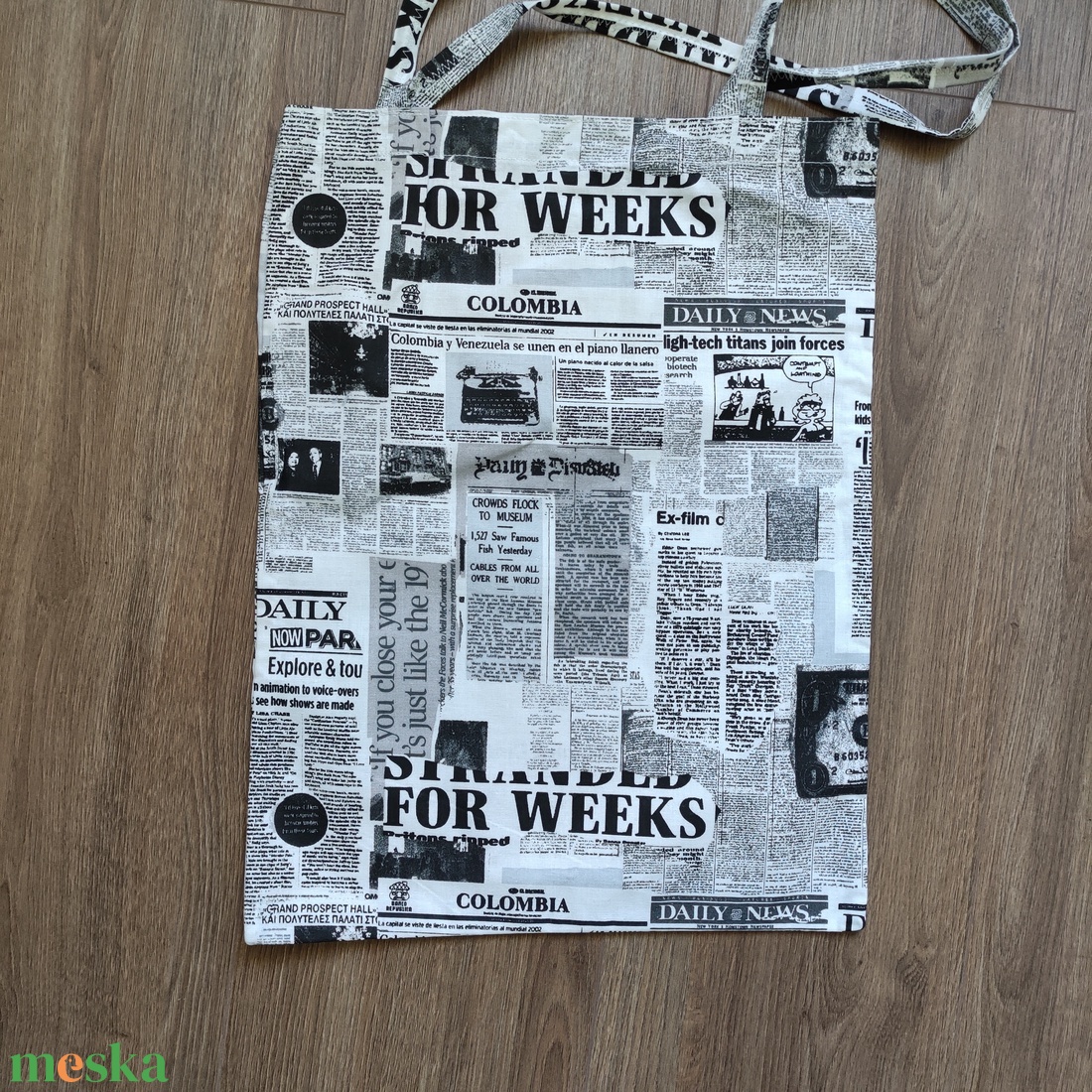 fekete-fehér újság mintás shopper, válltáska - táska & tok - bevásárlás & shopper táska - shopper, textiltáska, szatyor - Meska.hu