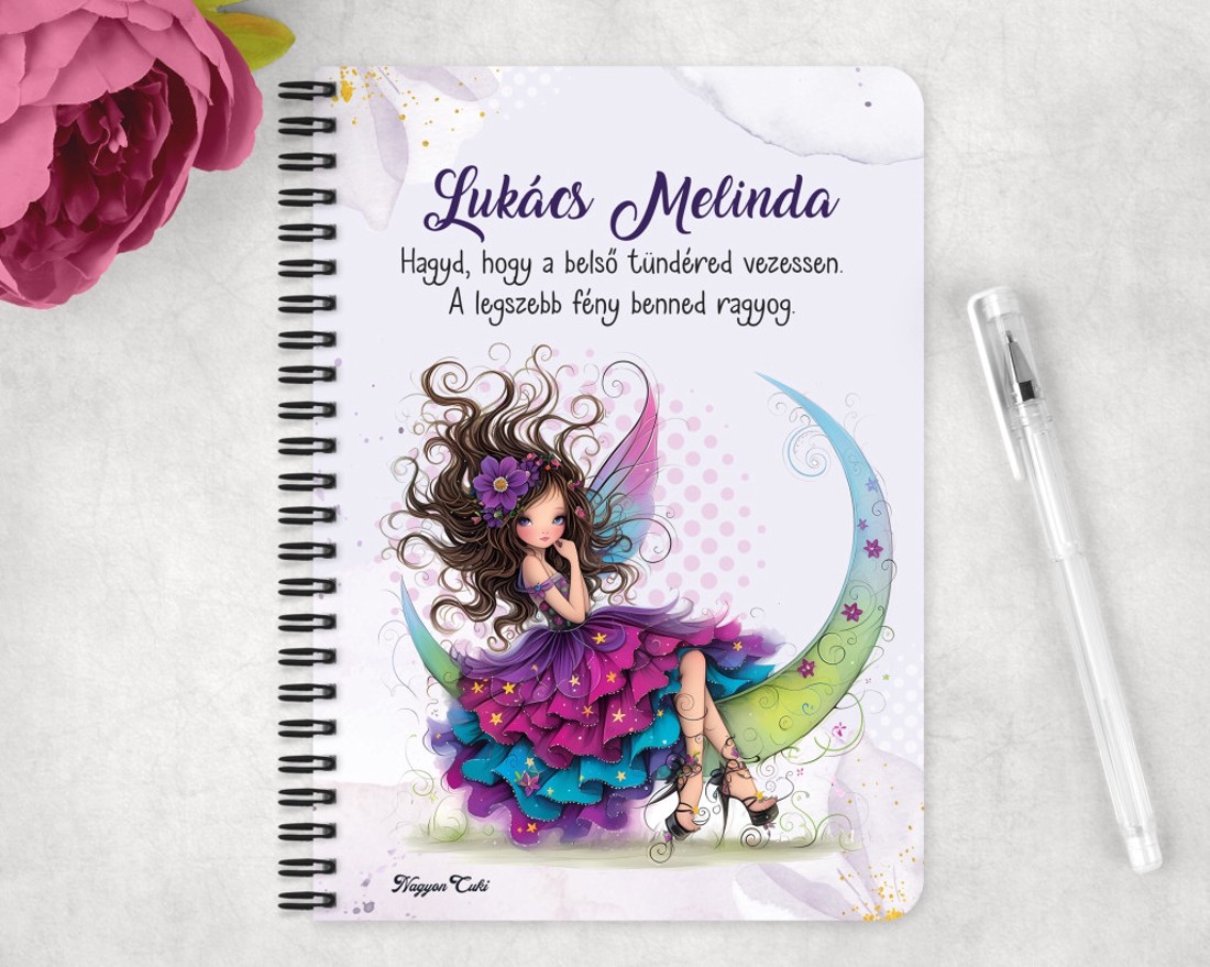 Személyre szabható - Szépséges lila virágos tündér és a hold mintás A5-ös füzet - otthon & életmód - papír, írószer - jegyzetfüzet & napló - Meska.hu