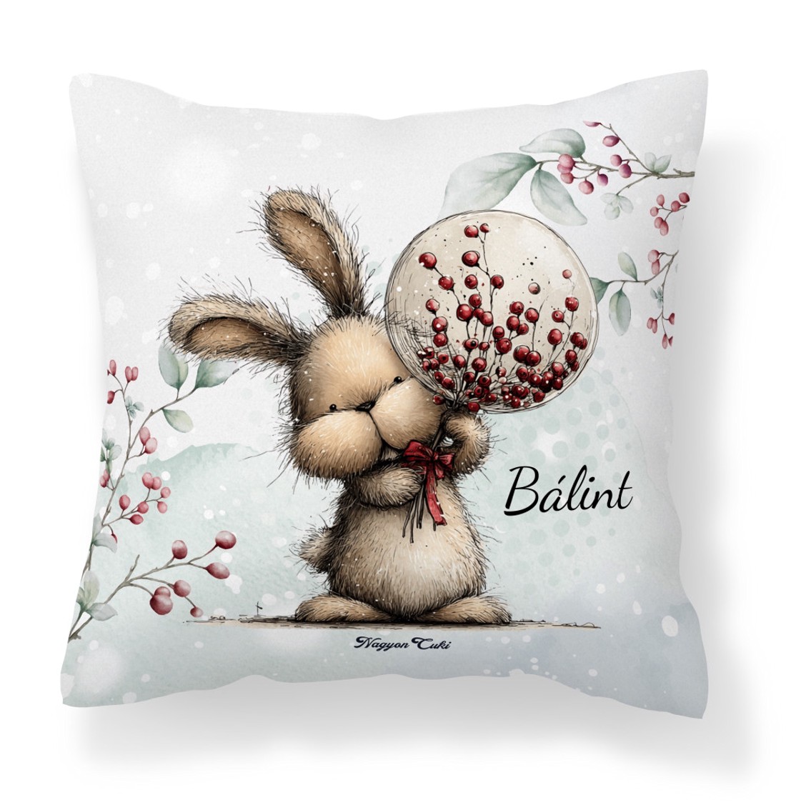 Névvel kérhető - Cuki téli nyuszi gömbbel mintás párna - otthon & életmód - lakástextil - párna & párnahuzat - díszpárna (belsővel együtt) - Meska.hu