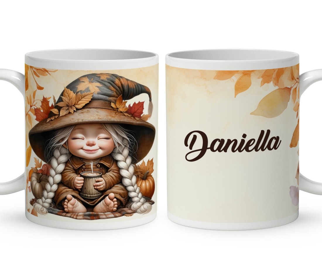 Névvel kérhető - Kávézós őszi manó lány mintás bögre - otthon & életmód - konyhafelszerelés, tálalás - tálalás - bögre & csésze - Meska.hu