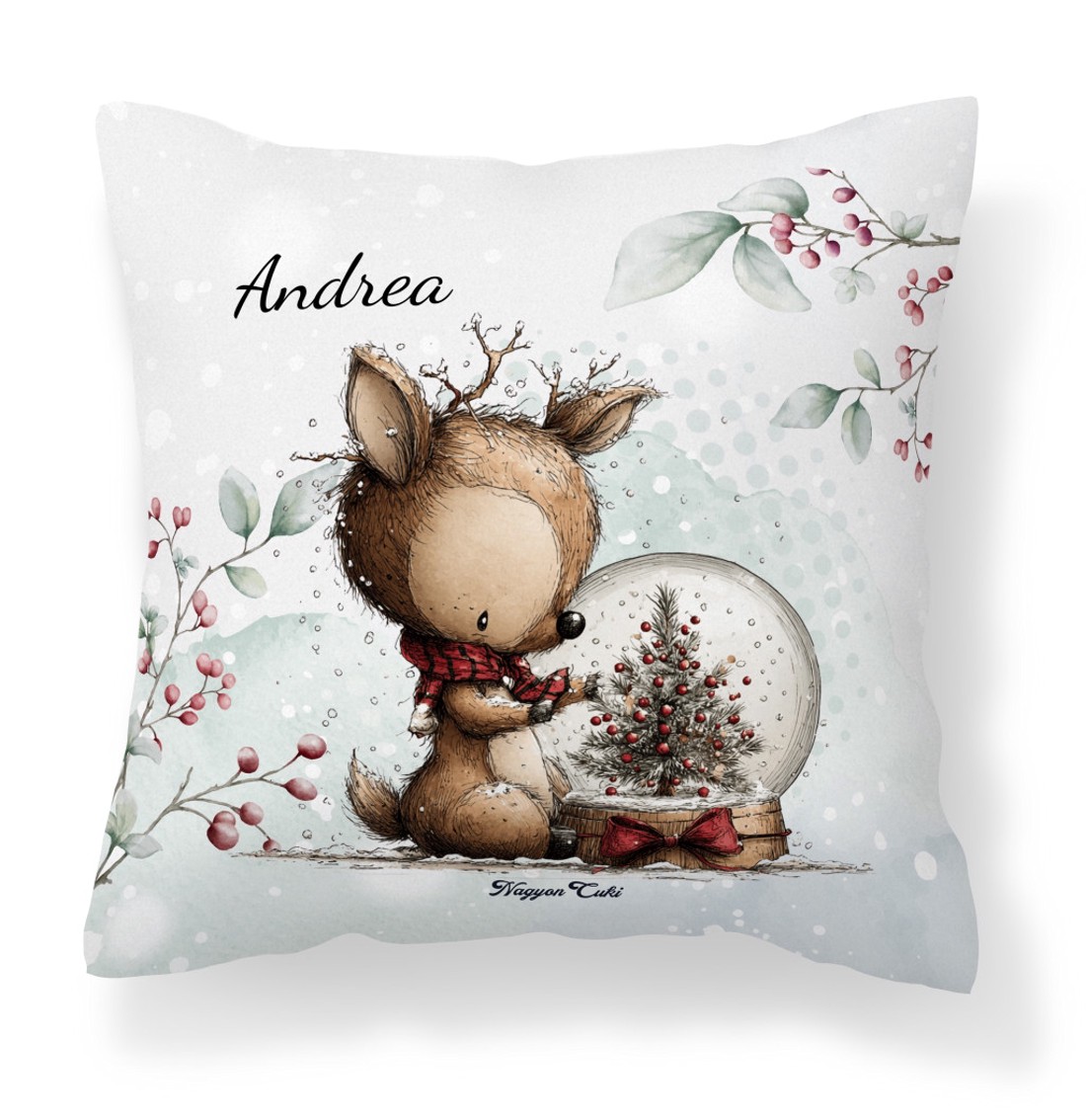 Névvel kérhető - Cuki téli őzike hógömbbel mintás párna - otthon & életmód - lakástextil - párna & párnahuzat - díszpárna (belsővel együtt) - Meska.hu
