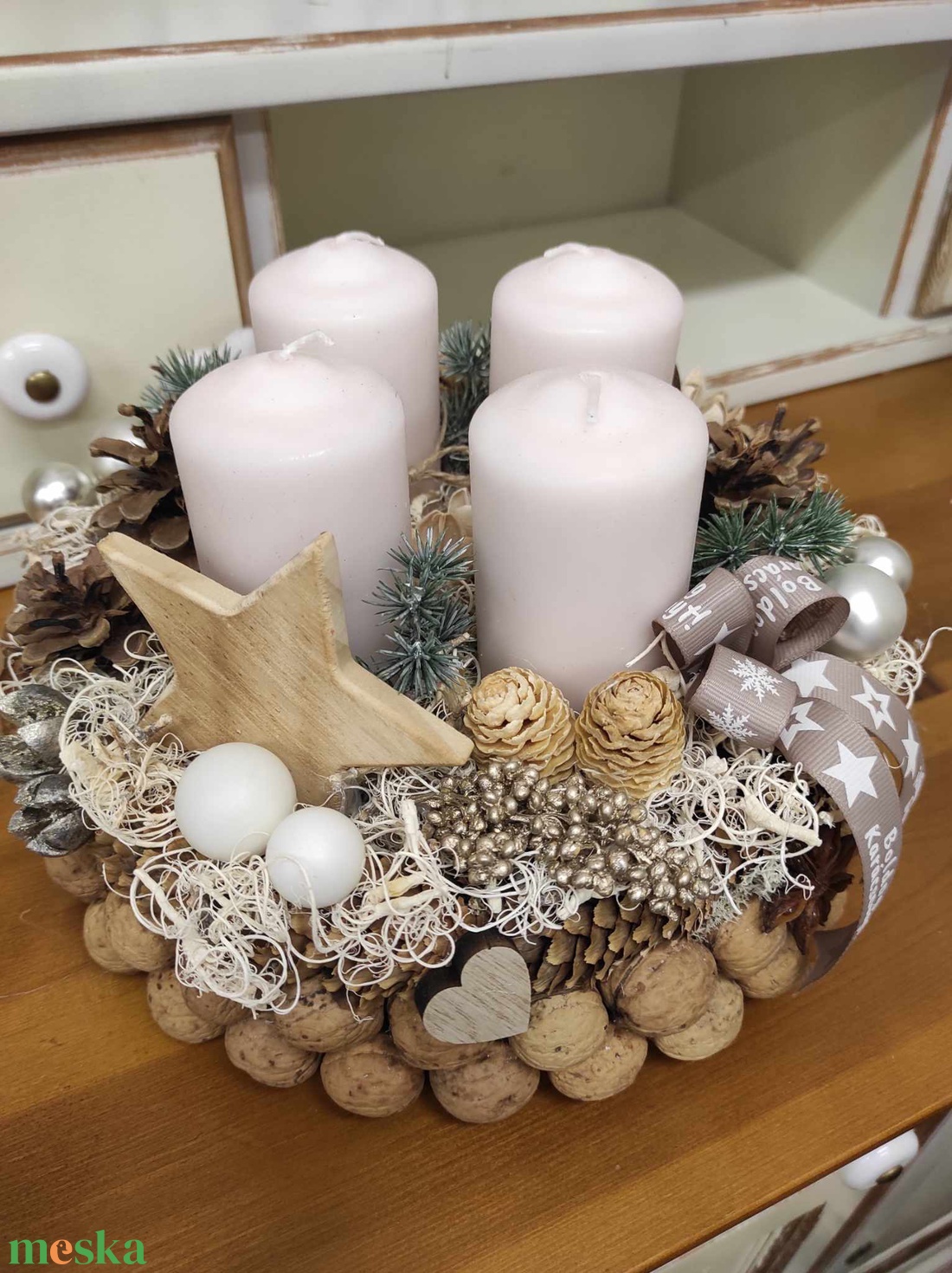 Adventi koszorú(beige-fehér) - karácsony - adventi díszek - adventi koszorú - Meska.hu