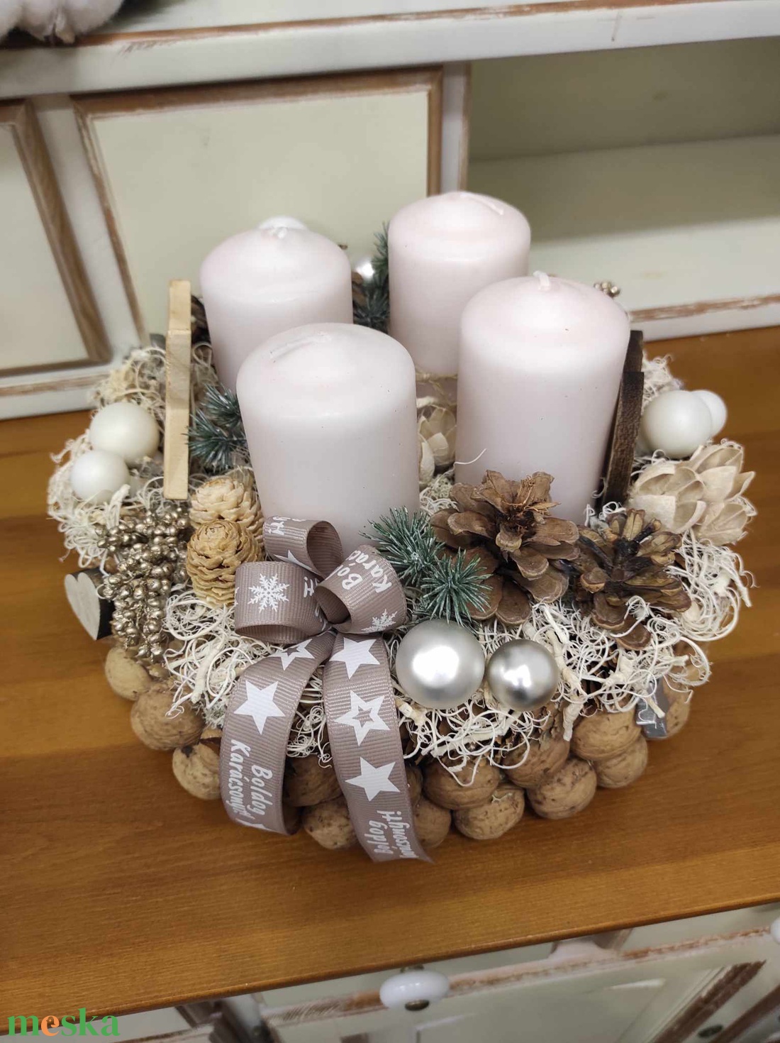 Adventi koszorú(beige-fehér) - karácsony - adventi díszek - adventi koszorú - Meska.hu