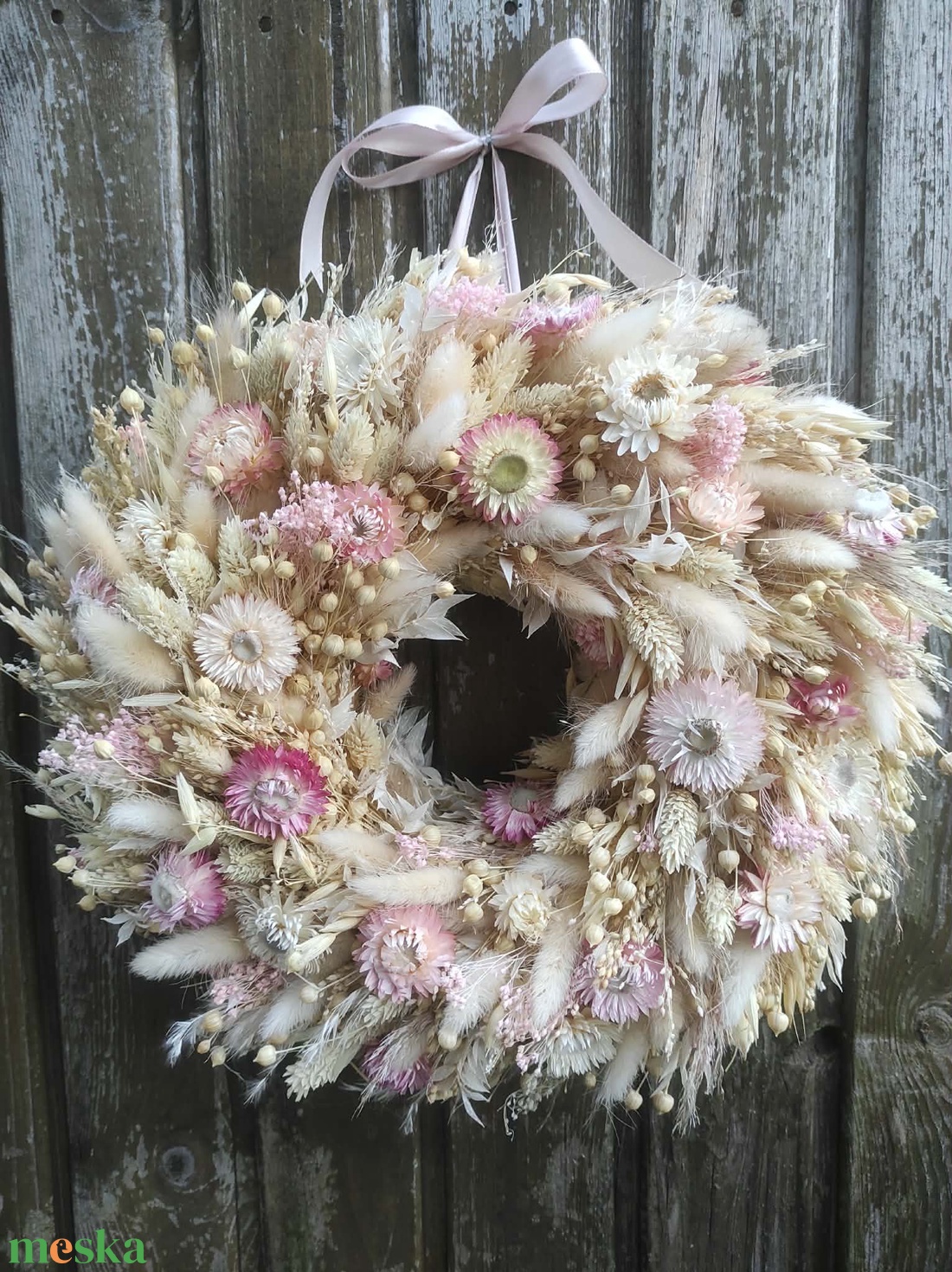 Szárazvirág koszorú,ajtódísz(bézs-rózsaszín) - otthon & életmód - dekoráció - ajtó- és ablak dekoráció - ajtódísz & kopogtató - Meska.hu