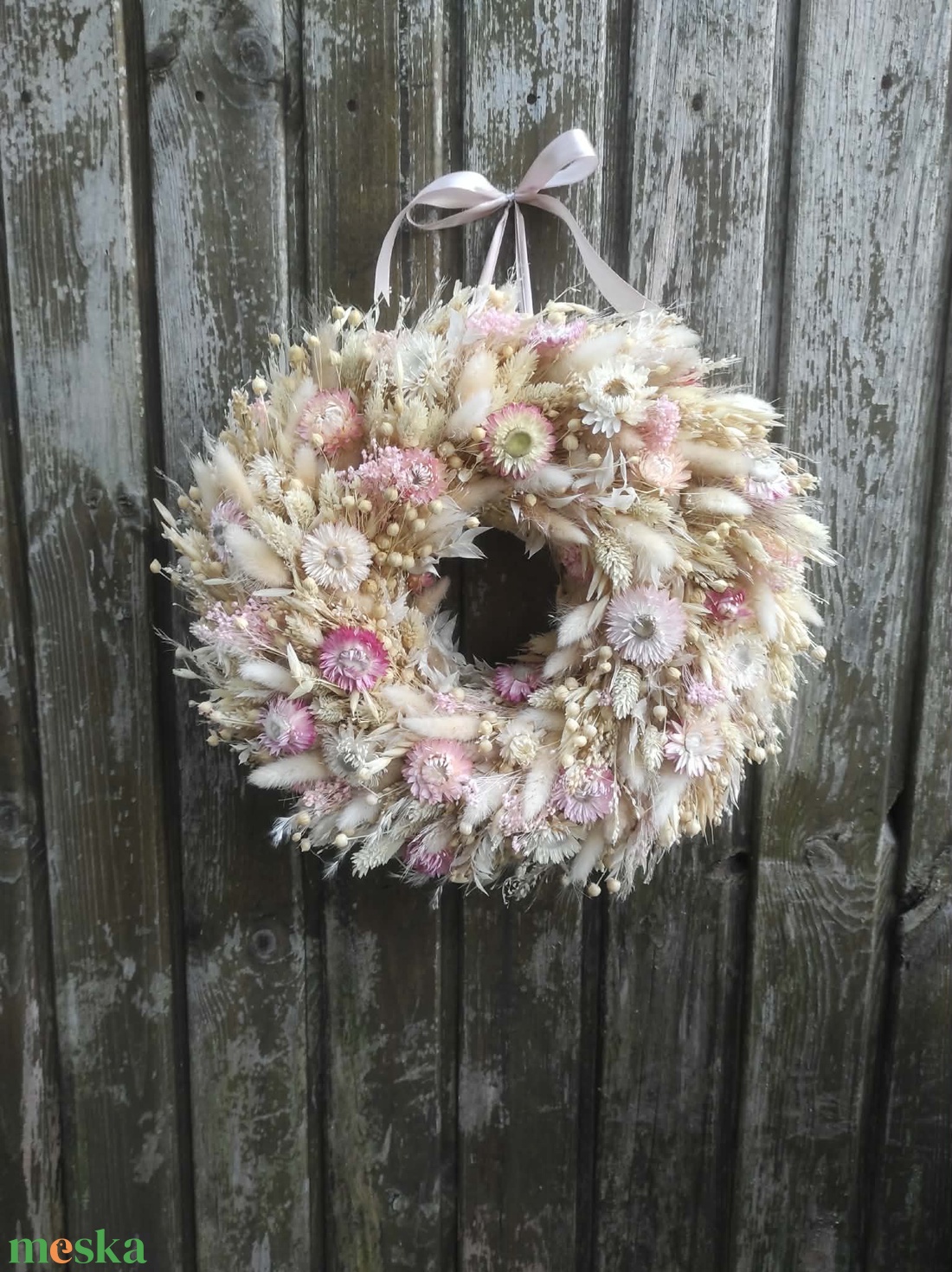 Szárazvirág koszorú,ajtódísz(bézs-rózsaszín) - otthon & életmód - dekoráció - ajtó- és ablak dekoráció - ajtódísz & kopogtató - Meska.hu