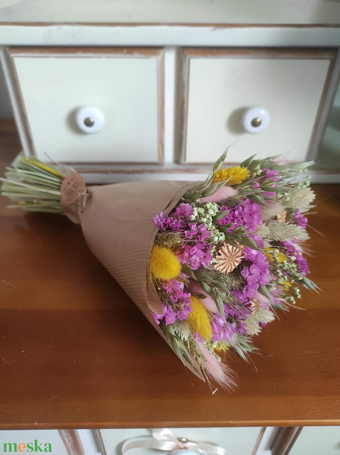 Szárazvirág csokor(pink-sárga) - otthon & életmód - virágdekoráció - virágok - virágcsokor - Meska.hu