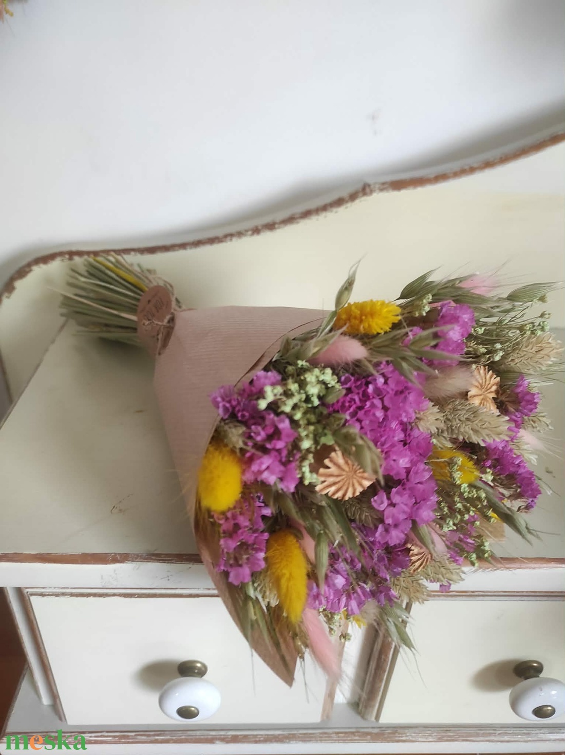 Szárazvirág csokor(pink-sárga) - otthon & életmód - virágdekoráció - virágok - virágcsokor - Meska.hu