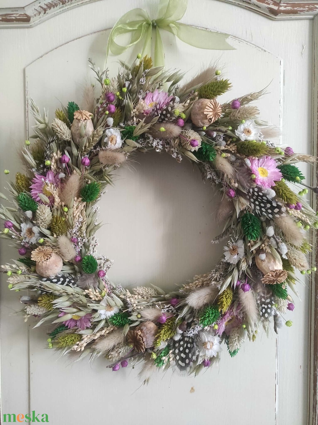 Tavaszi szárazvirág koszorú,ajtódísz(zöld-pink) - otthon & életmód - dekoráció - ajtó- és ablak dekoráció - ajtódísz & kopogtató - Meska.hu