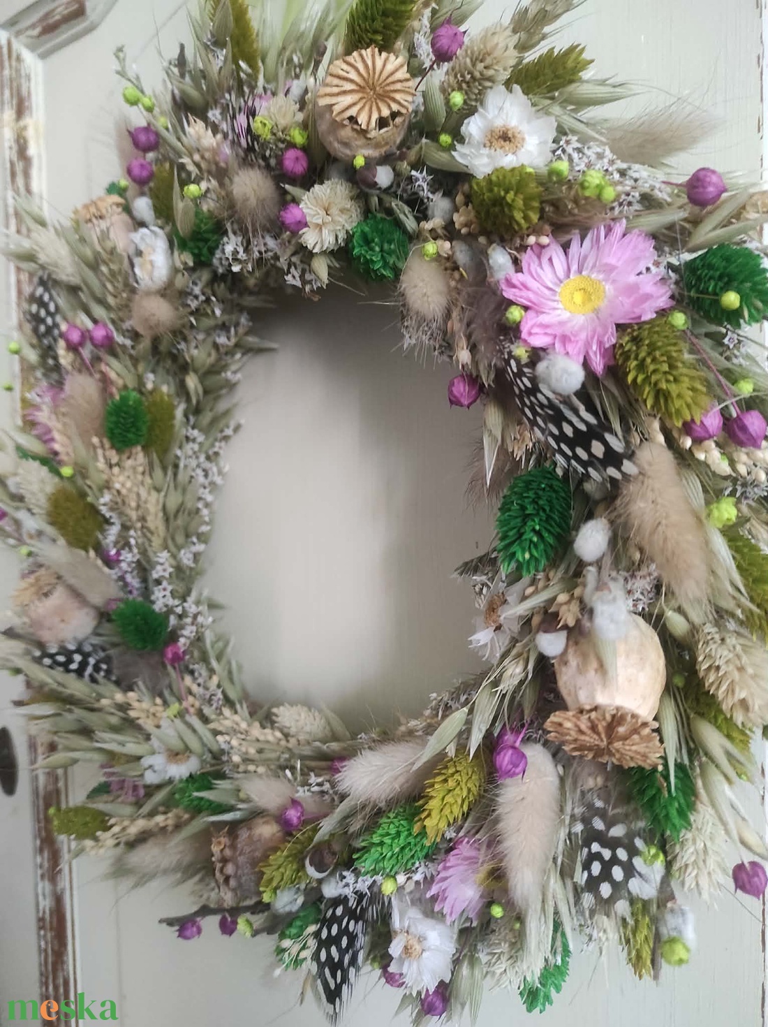 Tavaszi szárazvirág koszorú,ajtódísz(zöld-pink) - otthon & életmód - dekoráció - ajtó- és ablak dekoráció - ajtódísz & kopogtató - Meska.hu