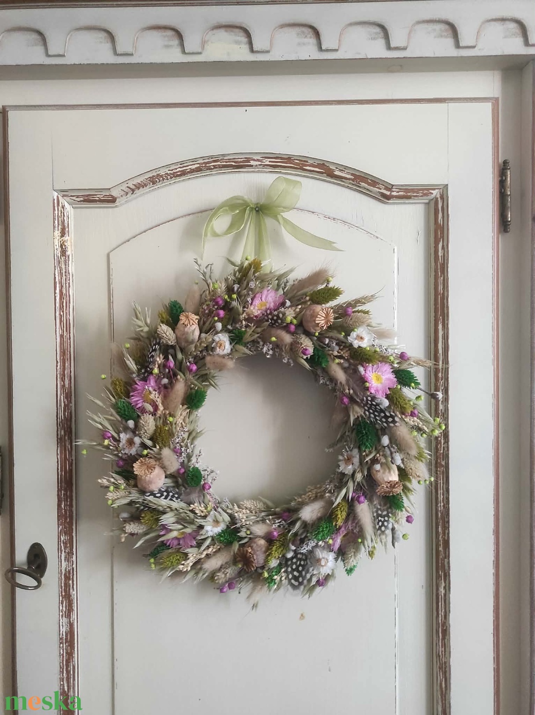 Tavaszi szárazvirág koszorú,ajtódísz(zöld-pink) - otthon & életmód - dekoráció - ajtó- és ablak dekoráció - ajtódísz & kopogtató - Meska.hu
