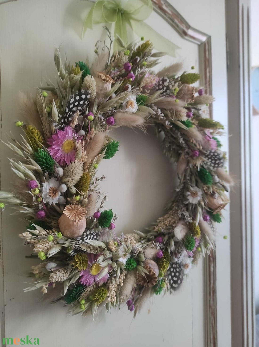 Tavaszi szárazvirág koszorú,ajtódísz(zöld-pink) - otthon & életmód - dekoráció - ajtó- és ablak dekoráció - ajtódísz & kopogtató - Meska.hu