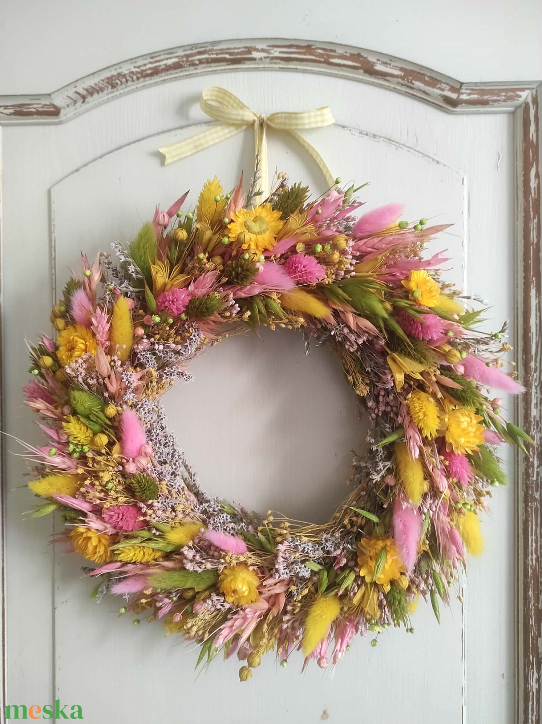 Szárazvirág koszorú,ajtódísz(sárga) - otthon & életmód - dekoráció - ajtó- és ablak dekoráció - ajtódísz & kopogtató - Meska.hu