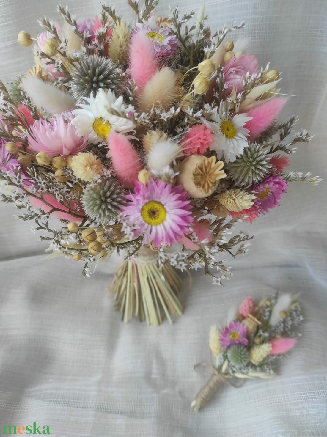 Menyasszonyi csokor kitűzővel(natúr-rózsaszín) - esküvő - menyasszonyi- és dobócsokor - Meska.hu