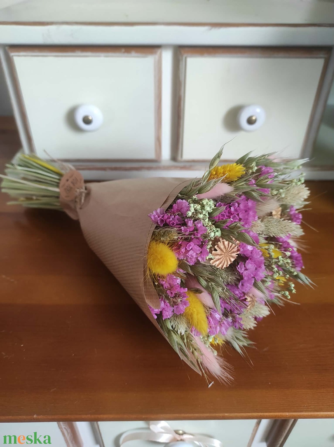 Szárazvirág csokor(pink-sárga) - otthon & életmód - virágdekoráció - virágok - virágcsokor - Meska.hu