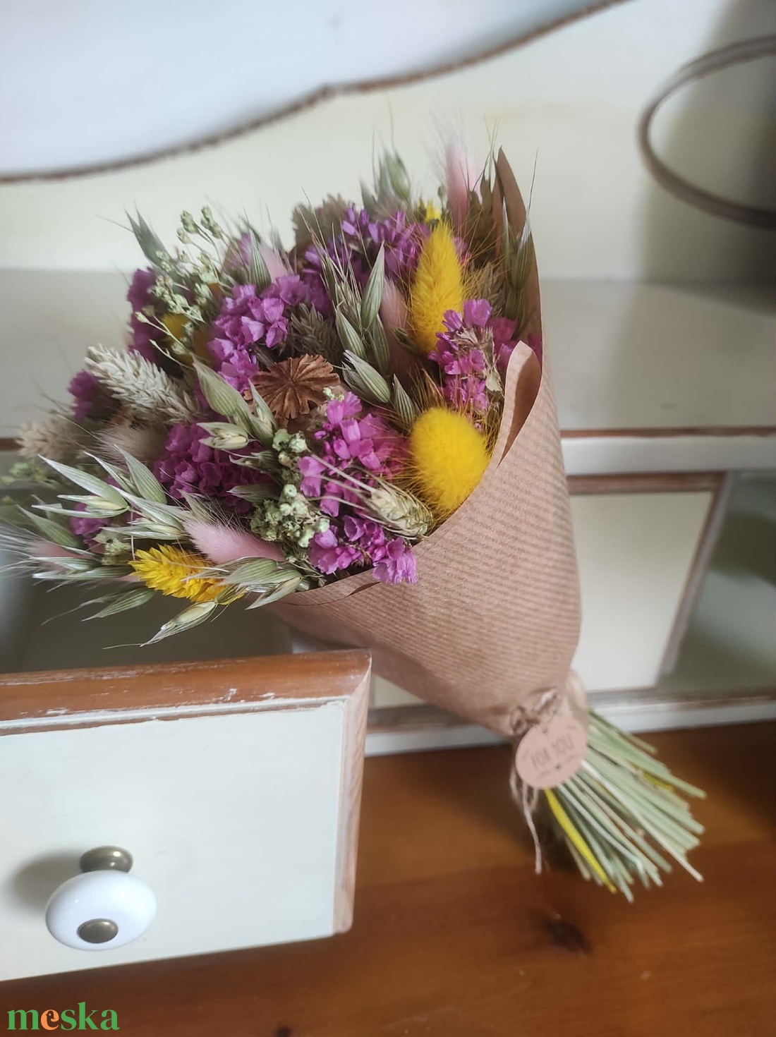 Szárazvirág csokor(pink-sárga) - otthon & életmód - virágdekoráció - virágok - virágcsokor - Meska.hu