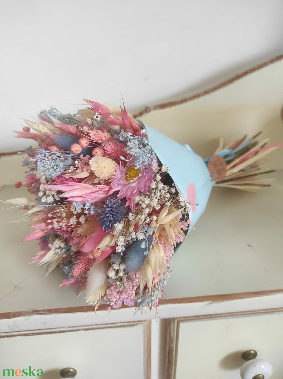 Szárazvirág csokor(kék-rózsaszín) - otthon & életmód - virágdekoráció - virágok - virágcsokor - Meska.hu