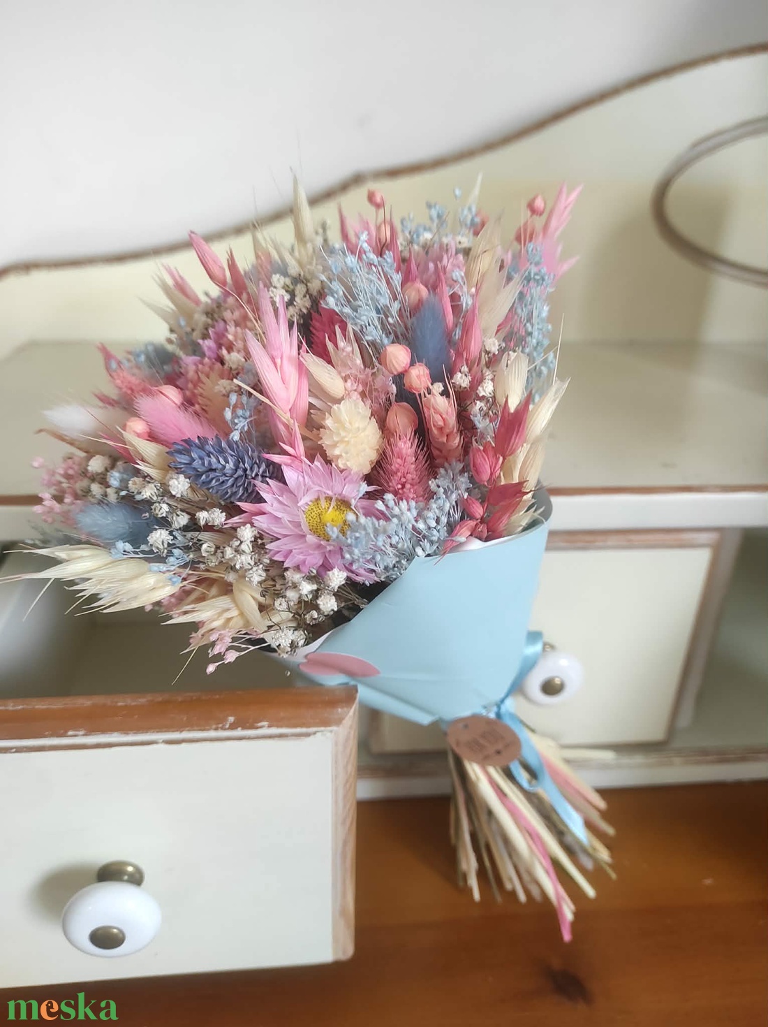 Szárazvirág csokor(kék-rózsaszín) - otthon & életmód - virágdekoráció - virágok - virágcsokor - Meska.hu