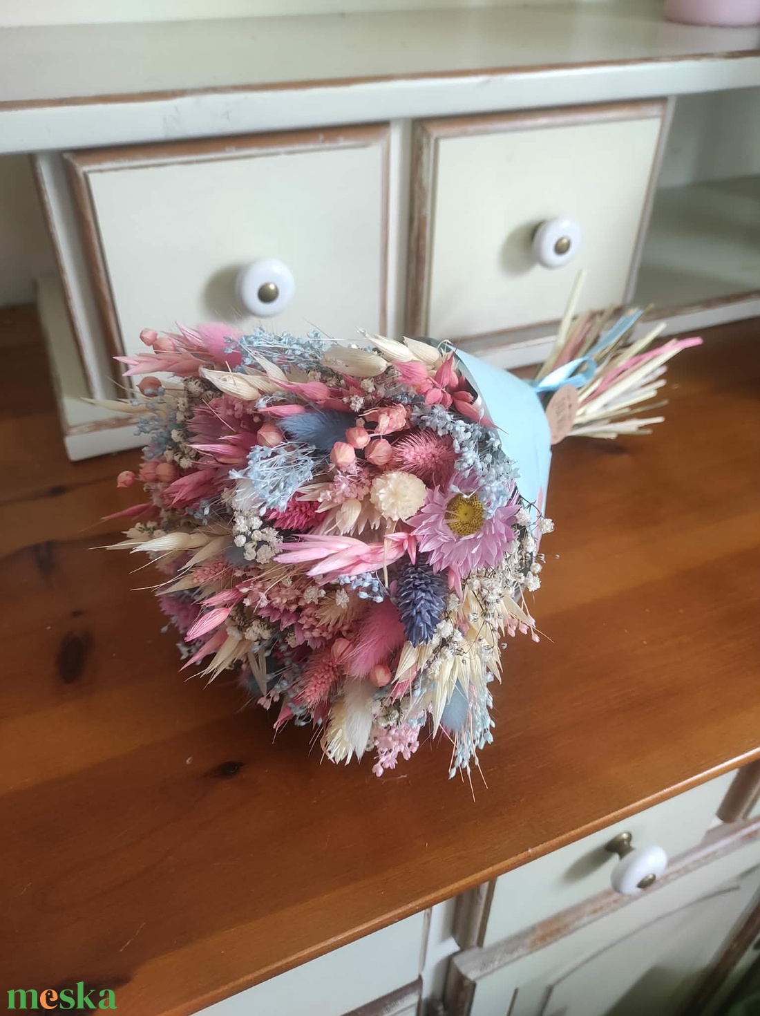 Szárazvirág csokor(kék-rózsaszín) - otthon & életmód - virágdekoráció - virágok - virágcsokor - Meska.hu