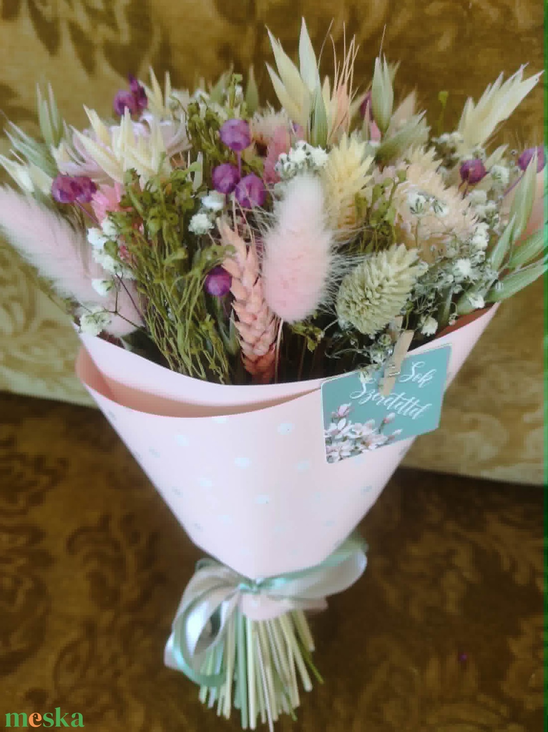 Szárazvirág csokor(rózsaszín-zöld) - otthon & életmód - virágdekoráció - virágok - virágcsokor - Meska.hu