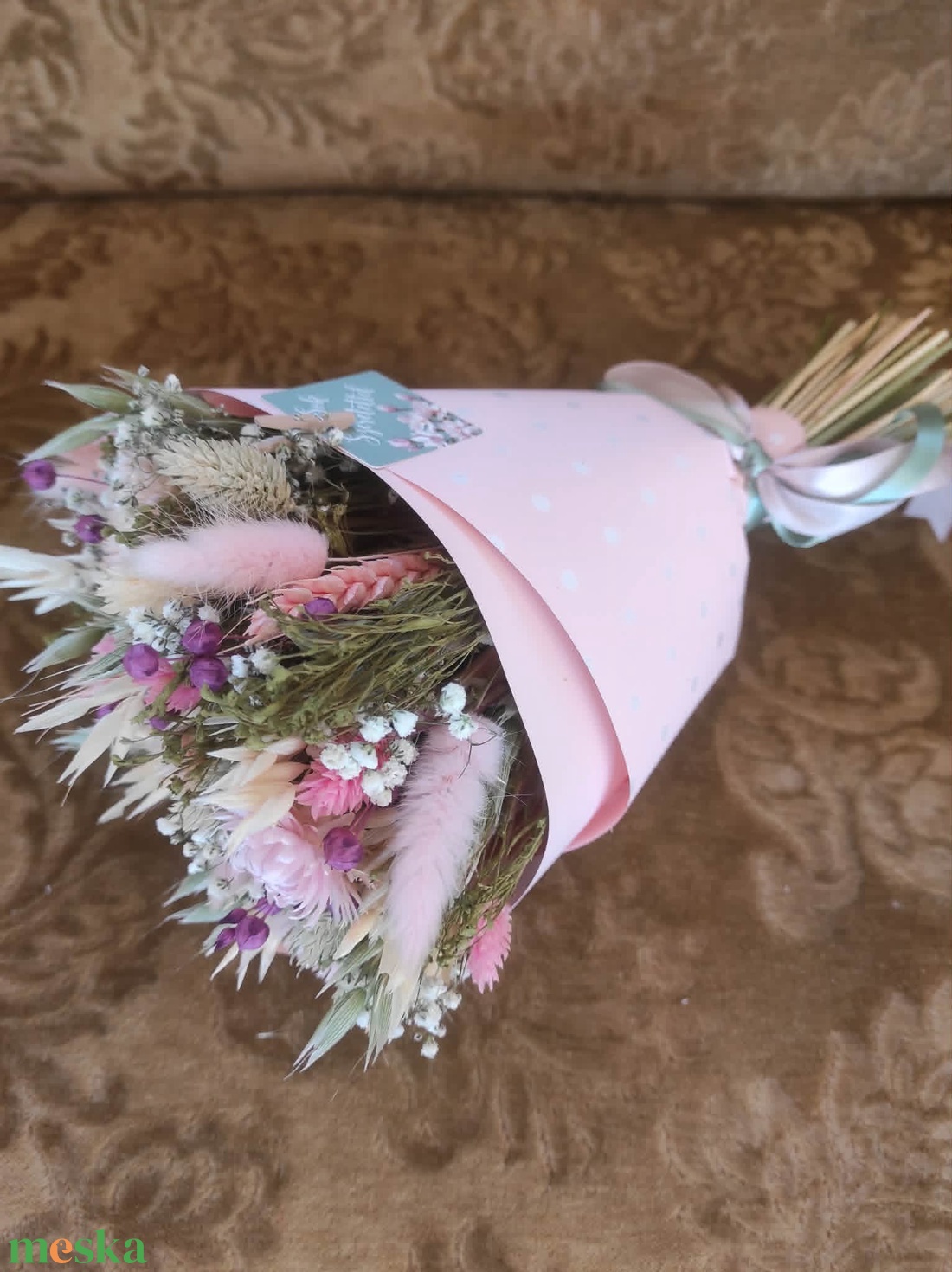 Szárazvirág csokor(rózsaszín-zöld) - otthon & életmód - virágdekoráció - virágok - virágcsokor - Meska.hu