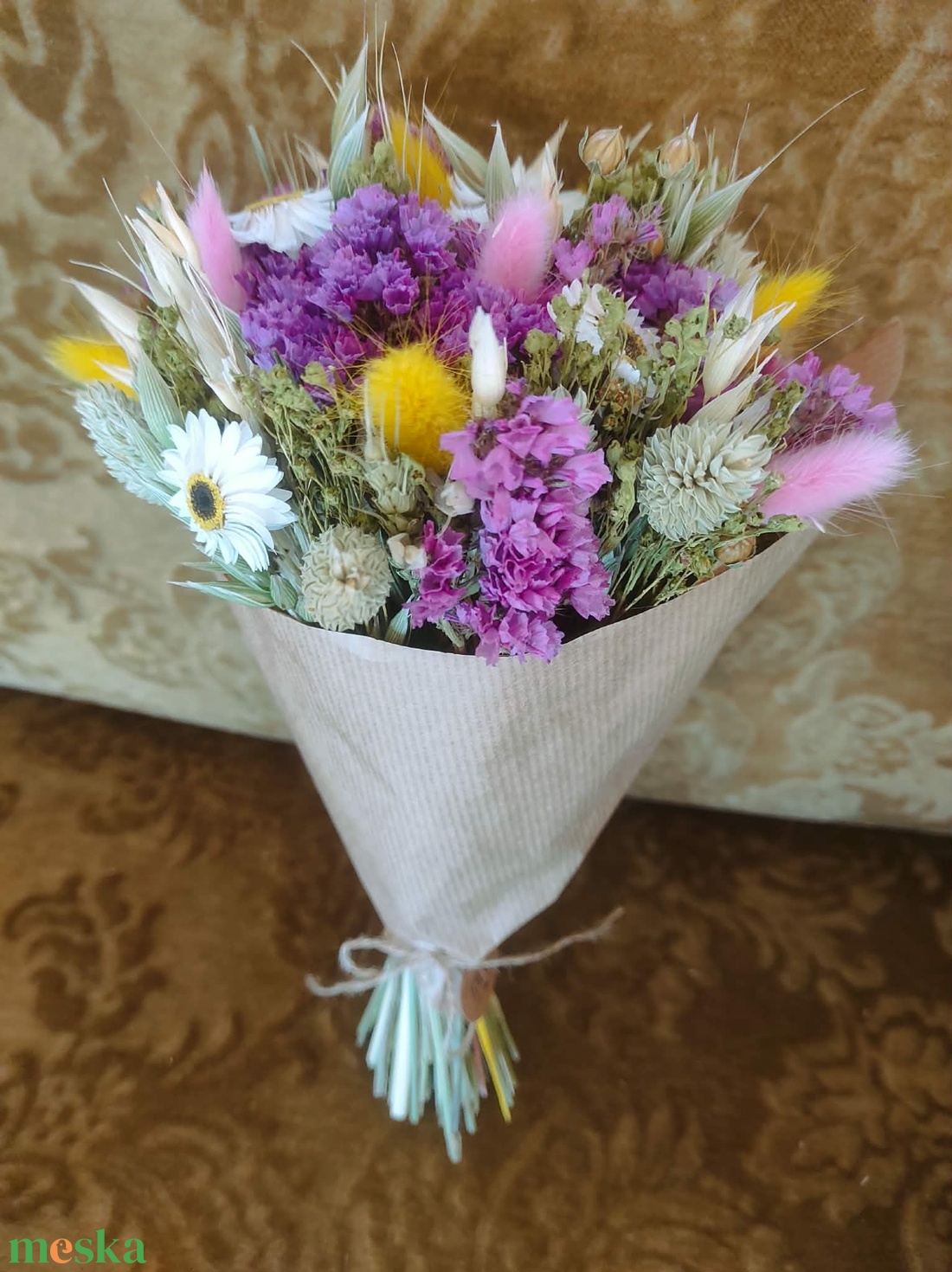 Szárazvirág csokor(pink-sárga) - otthon & életmód - virágdekoráció - virágok - virágcsokor - Meska.hu