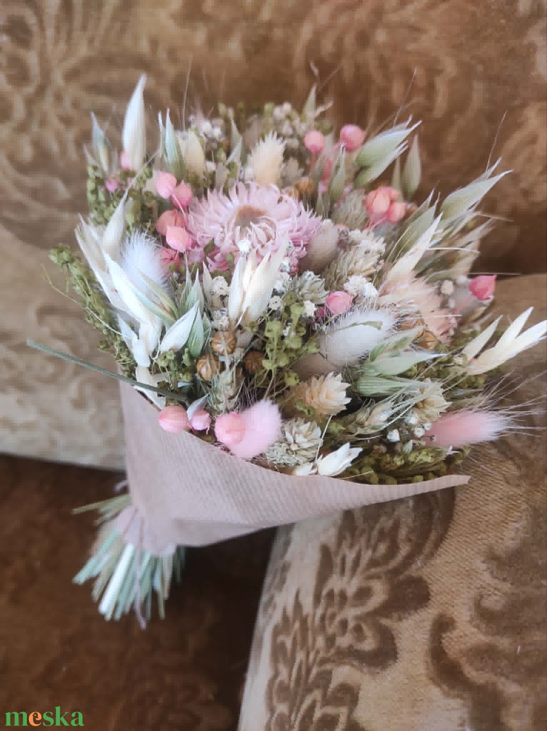 Szárazvirág csokor(zöld-rózsaszín) - otthon & életmód - virágdekoráció - virágok - virágcsokor - Meska.hu