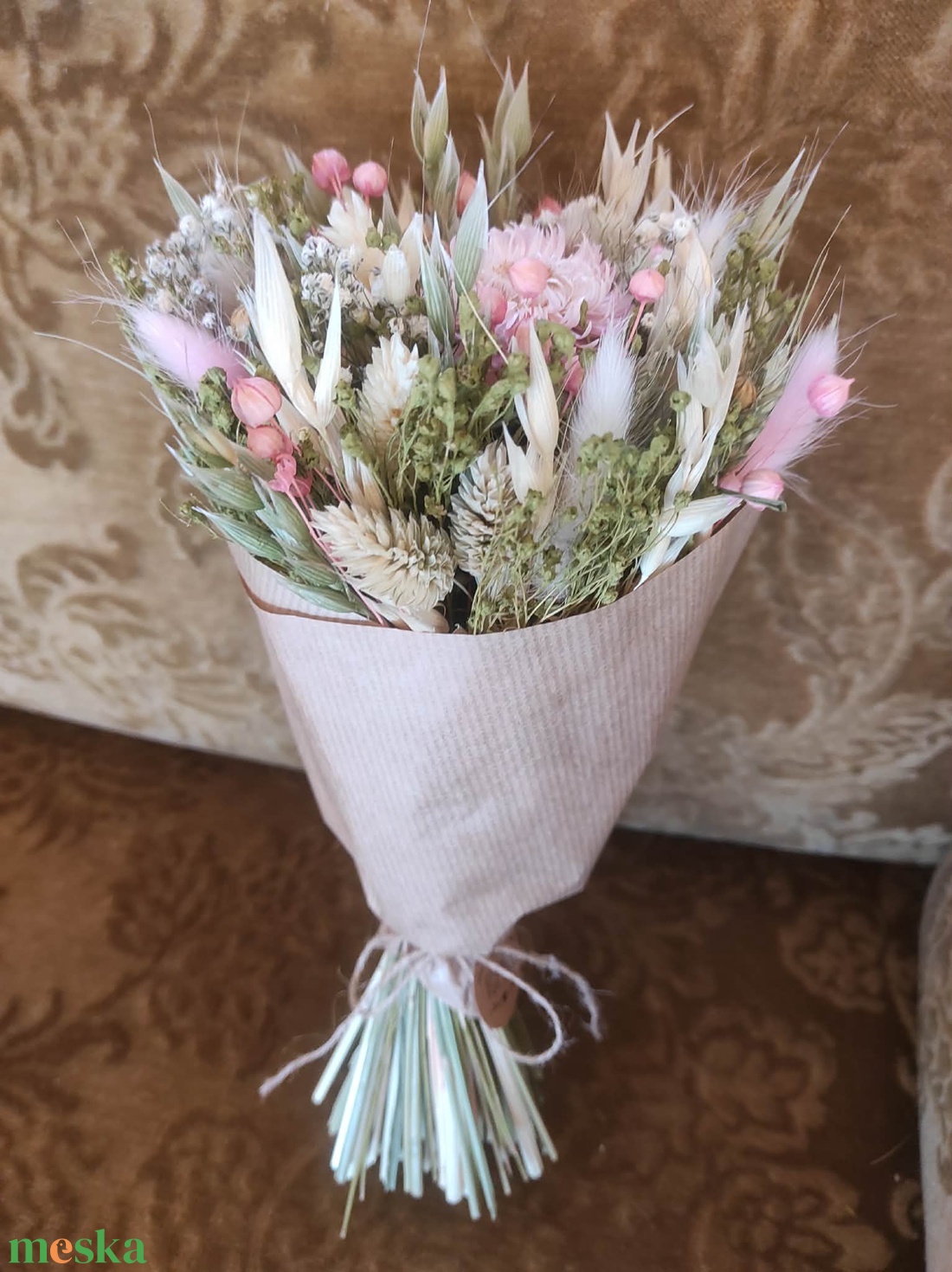 Szárazvirág csokor(zöld-rózsaszín) - otthon & életmód - virágdekoráció - virágok - virágcsokor - Meska.hu