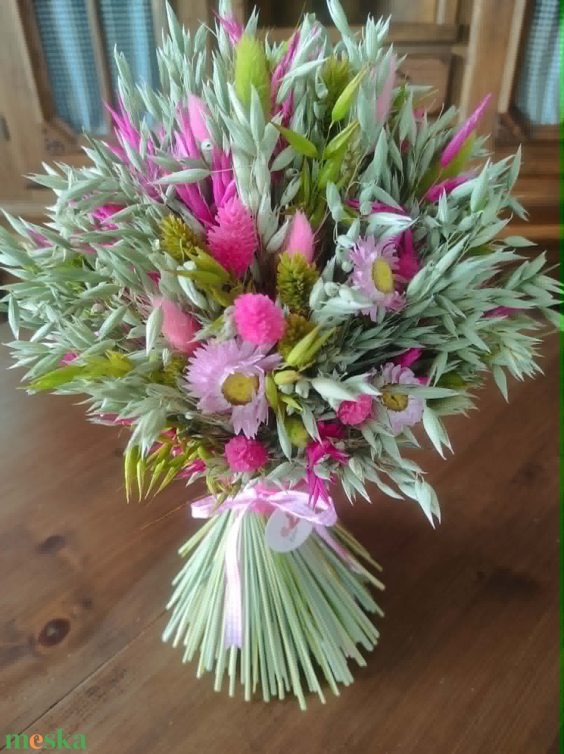 Szárazvirág csokor(pink-zöld) - otthon & életmód - virágdekoráció - virágok - virágcsokor - Meska.hu