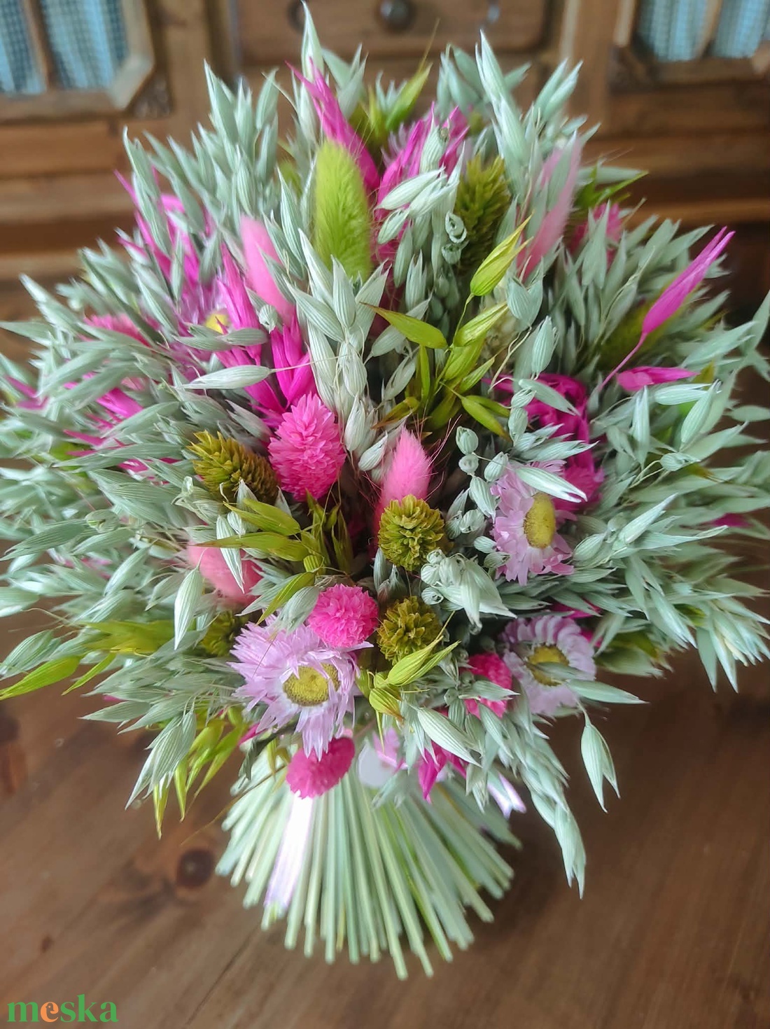 Szárazvirág csokor(pink-zöld) - otthon & életmód - virágdekoráció - virágok - virágcsokor - Meska.hu