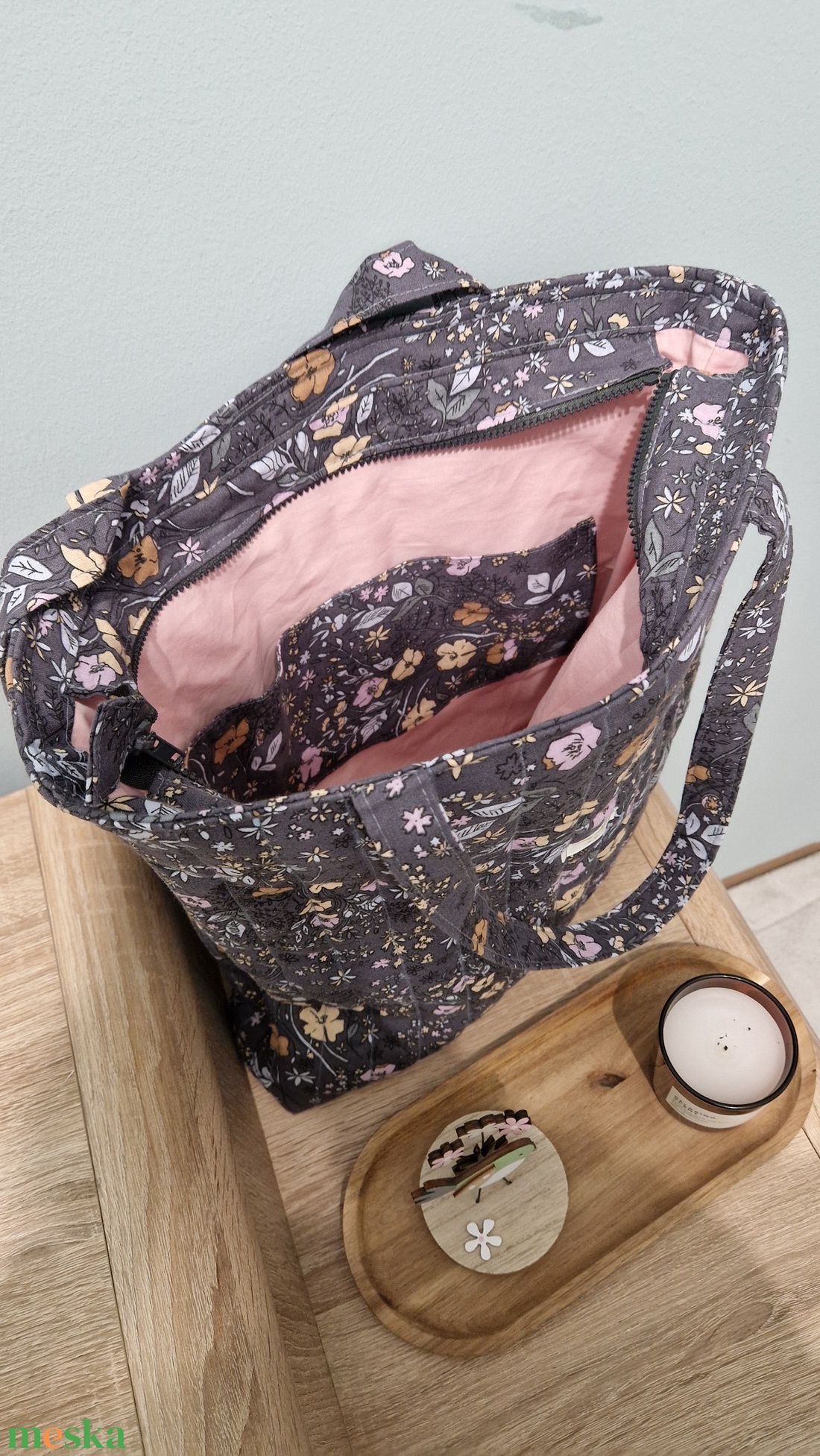 Virágmintás bélelt szatyor - táska & tok - bevásárlás & shopper táska - shopper, textiltáska, szatyor - Meska.hu