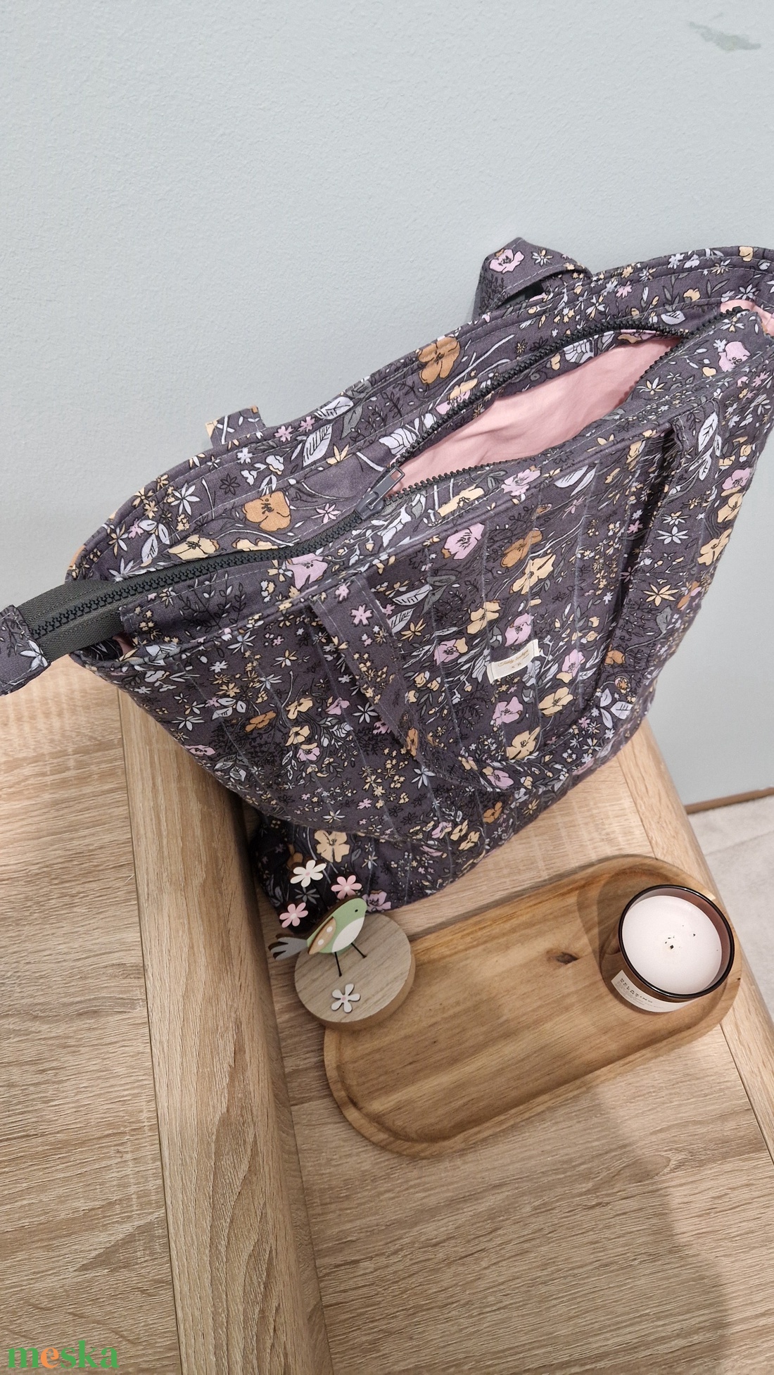 Virágmintás bélelt szatyor - táska & tok - bevásárlás & shopper táska - shopper, textiltáska, szatyor - Meska.hu