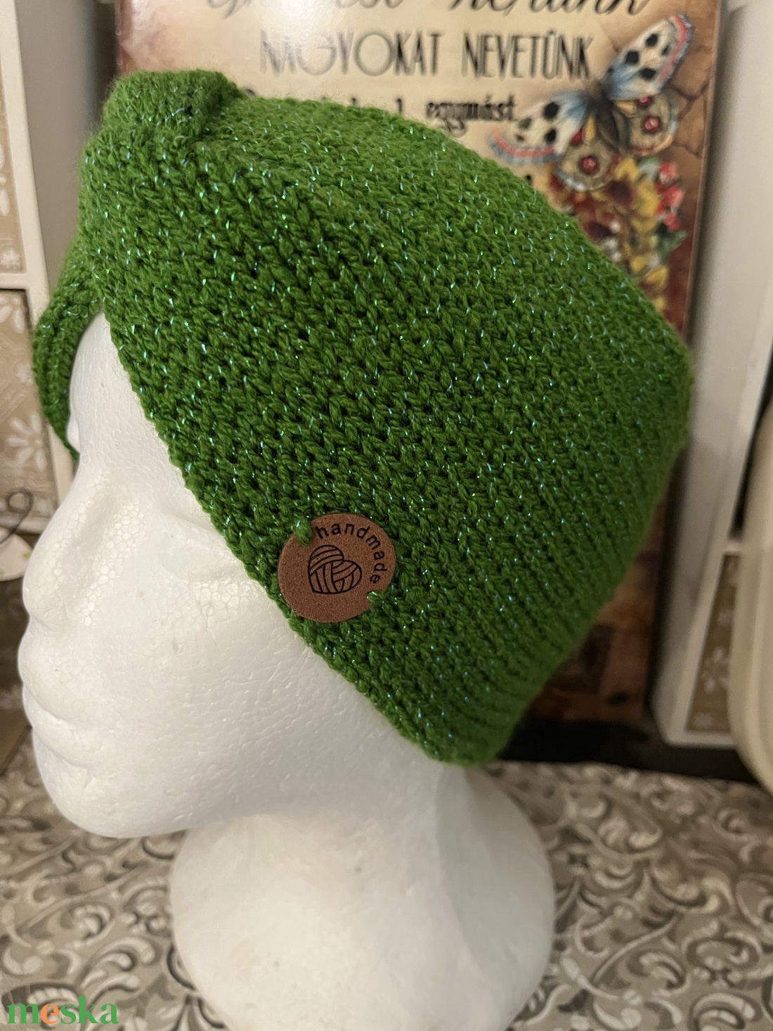  Kötött Fülvédő- zöld lurexes  - ruha & divat - sál, sapka, kendő - fejpánt - Meska.hu
