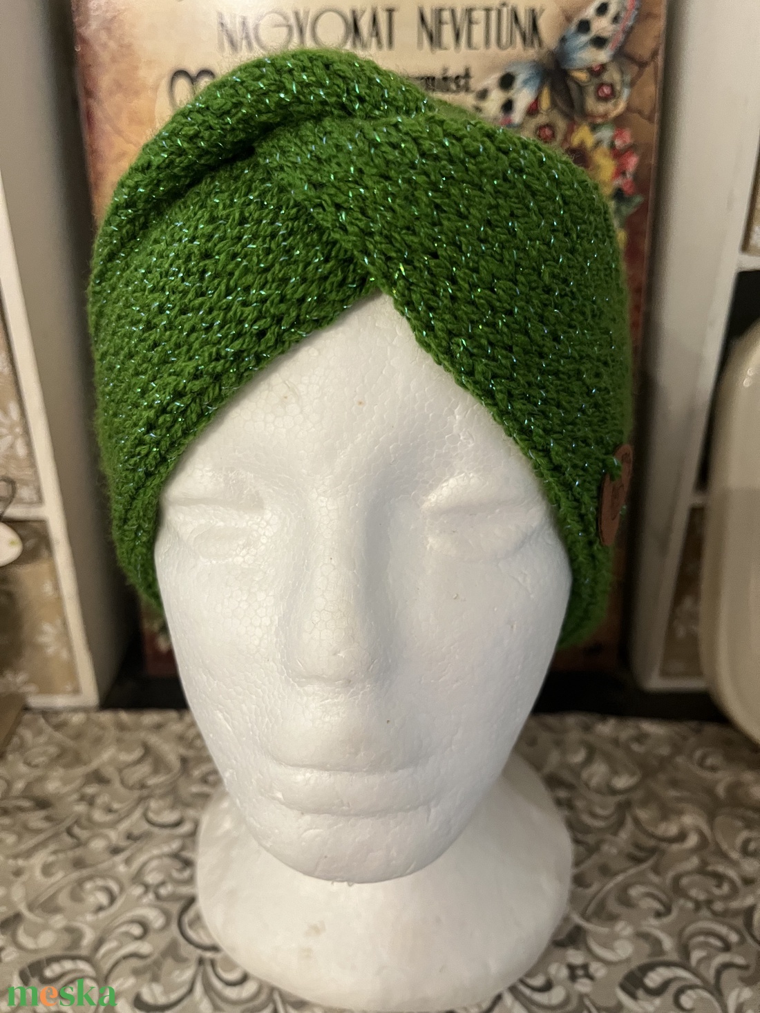  Kötött Fülvédő- zöld lurexes  - ruha & divat - sál, sapka, kendő - fejpánt - Meska.hu
