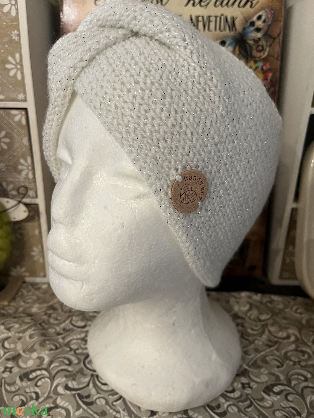  Kötött Fülvédő- fehér lurexes - ruha & divat - sál, sapka, kendő - fejpánt - Meska.hu