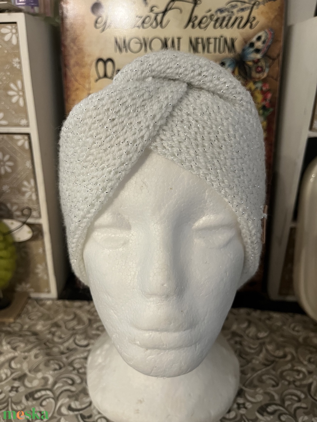  Kötött Fülvédő- fehér lurexes - ruha & divat - sál, sapka, kendő - fejpánt - Meska.hu