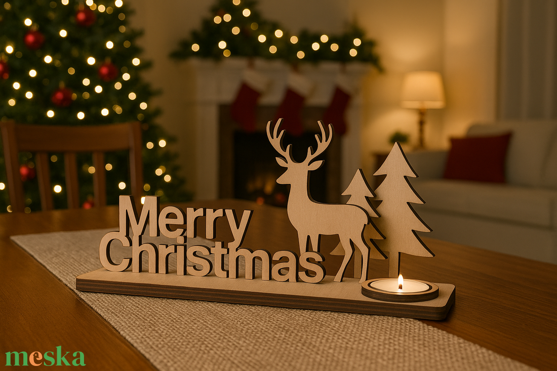 Rénszarvasos karácsonyi asztaldísz  natúr rétegelt lemezből - karácsony - adventi díszek - adventi asztaldísz - Meska.hu