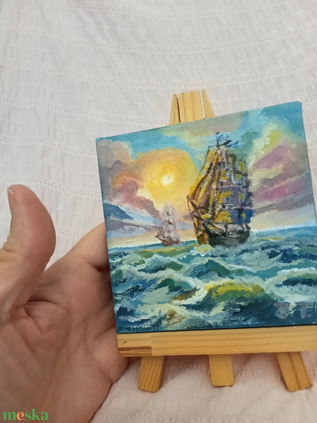 Hajók a tengeren 10 x 10 cm - művészet - festmény - akril - Meska.hu