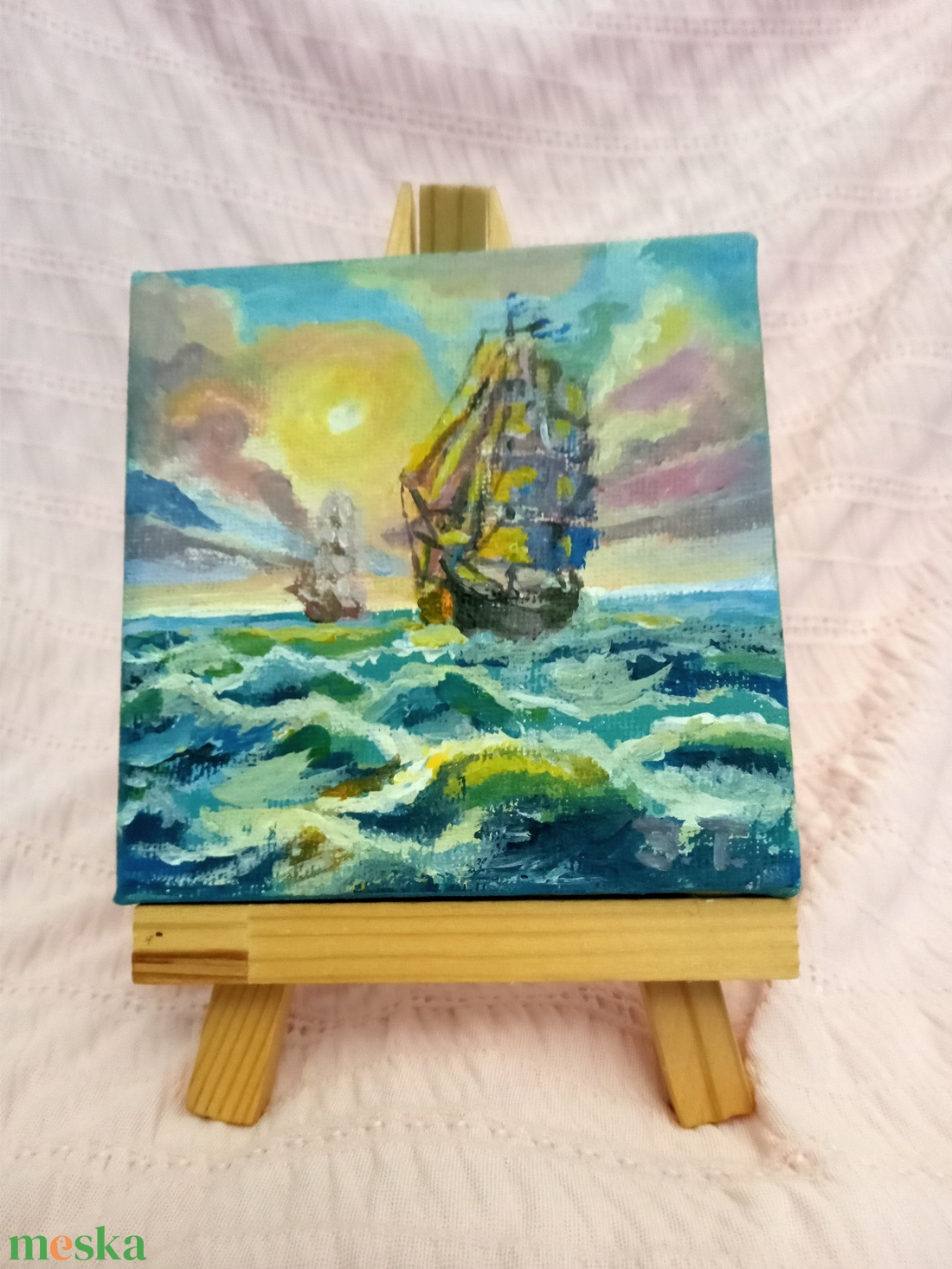 Hajók a tengeren 10 x 10 cm - művészet - festmény - akril - Meska.hu