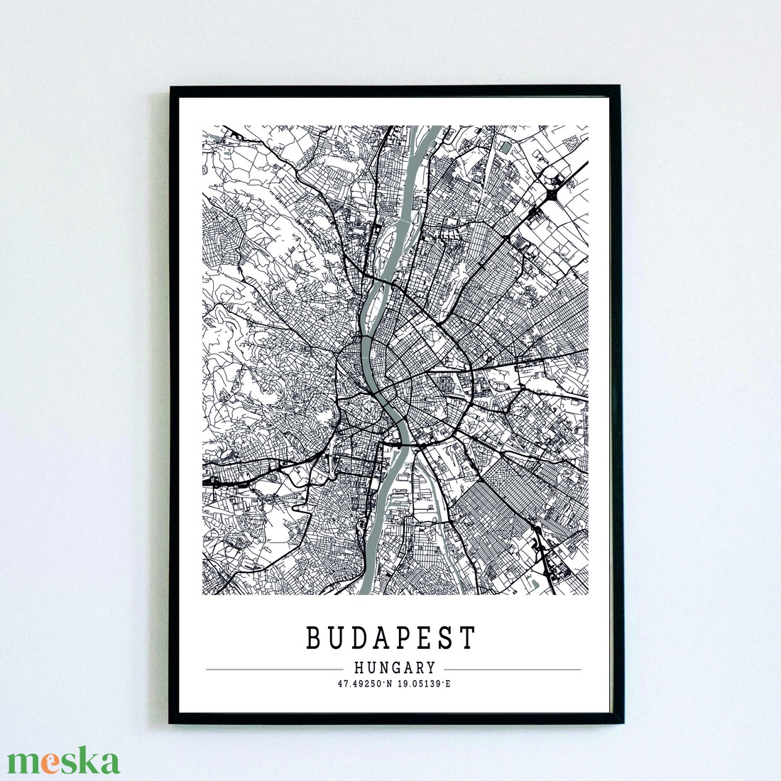 Minimalista BUDAPEST fekete-fehér dekorációs térkép  - otthon & életmód - dekoráció - kép & falikép - poszter - Meska.hu