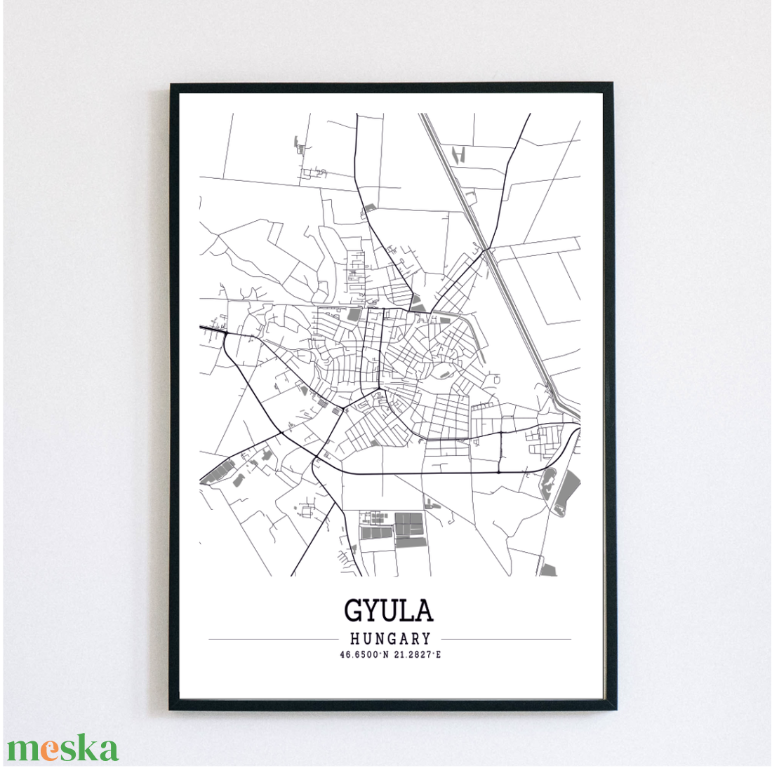 Gyula város fekete-fehér minimalista dekorációs térkép - A2 nyomtatott - otthon & életmód - dekoráció - kép & falikép - poszter - Meska.hu